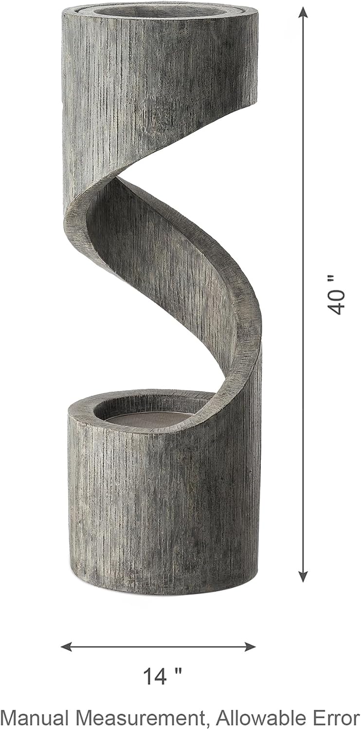 Glitzhome Outdoor Fountain with LED Light, Oversized Spiral Water Fountain Outdoor with Stone Planter, Modern Curved Waterfall Fountains Water Feature for Garden Patio, 40'H