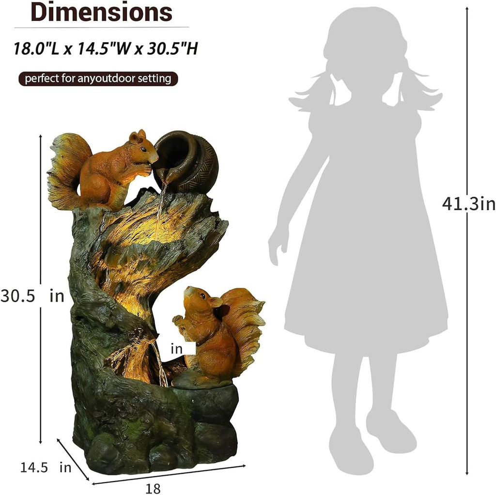 Tankana 30.5' H Squirrel Outdoor Water Fountain, Rustic Tree Stump Cascading Waterfall with LED Lights, Animal Water Feature for Patio, Yard, Porch and Deck Decor, Sculpture Resin Floor Fountain