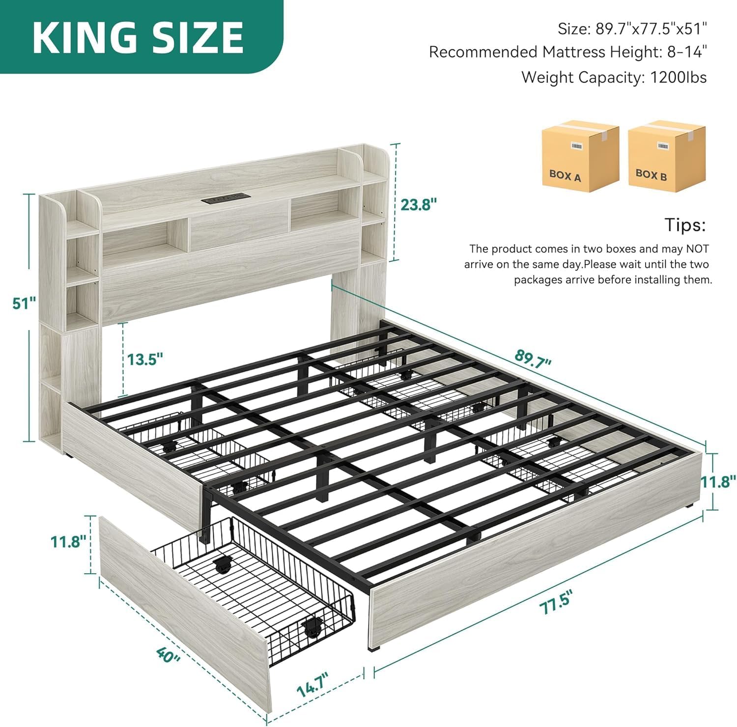 DWVO King Size Bed Frame with Bookcase Headboard and 4 Storage Drawers, RGB LED Bed Frame with Type-C & USB Charging Station Storage Headboard Bed, No Box Spring Needed, Noise Free, Wooden White