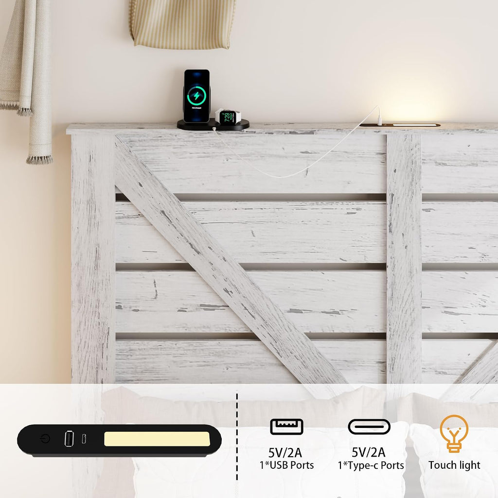 Full Size Bed Frame with Headboard – Farmhouse Style Platform with LED Lights USB Charging No Box Spring Easy Assembly White Boho Bed Frame Modern Bedroom Sets (Boho White, Full)