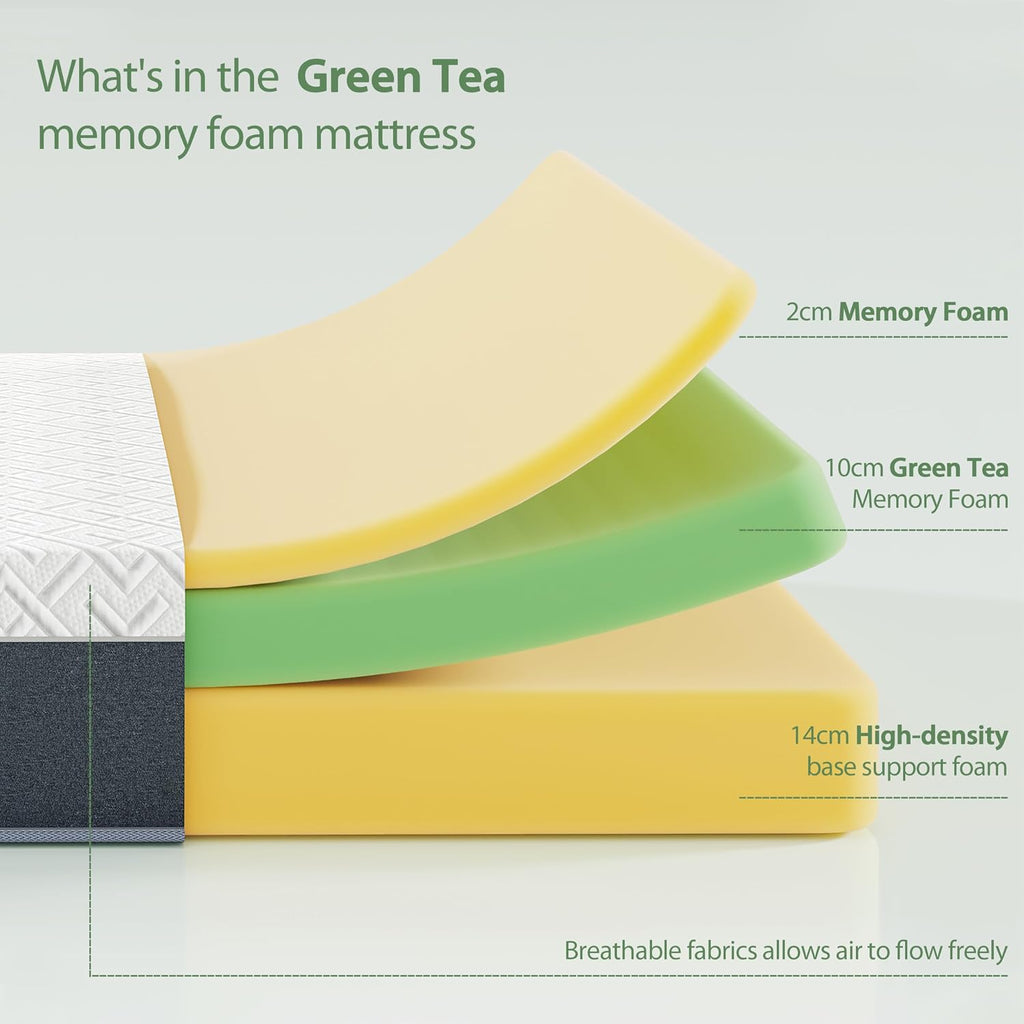 Queen Green Tea Memory Foam Mattress, 10 Inch Medium Firm, Green