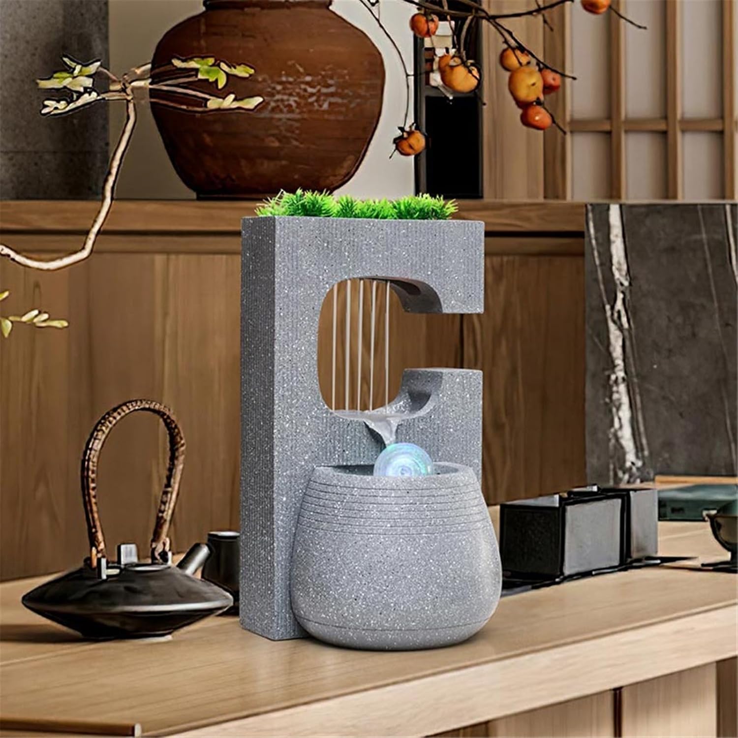 Tabletop Fountain Waterfall Minimalist Tabletop Fountain Water Features Indoor Waterfall Fountains for Home Office Decoration(Gris)