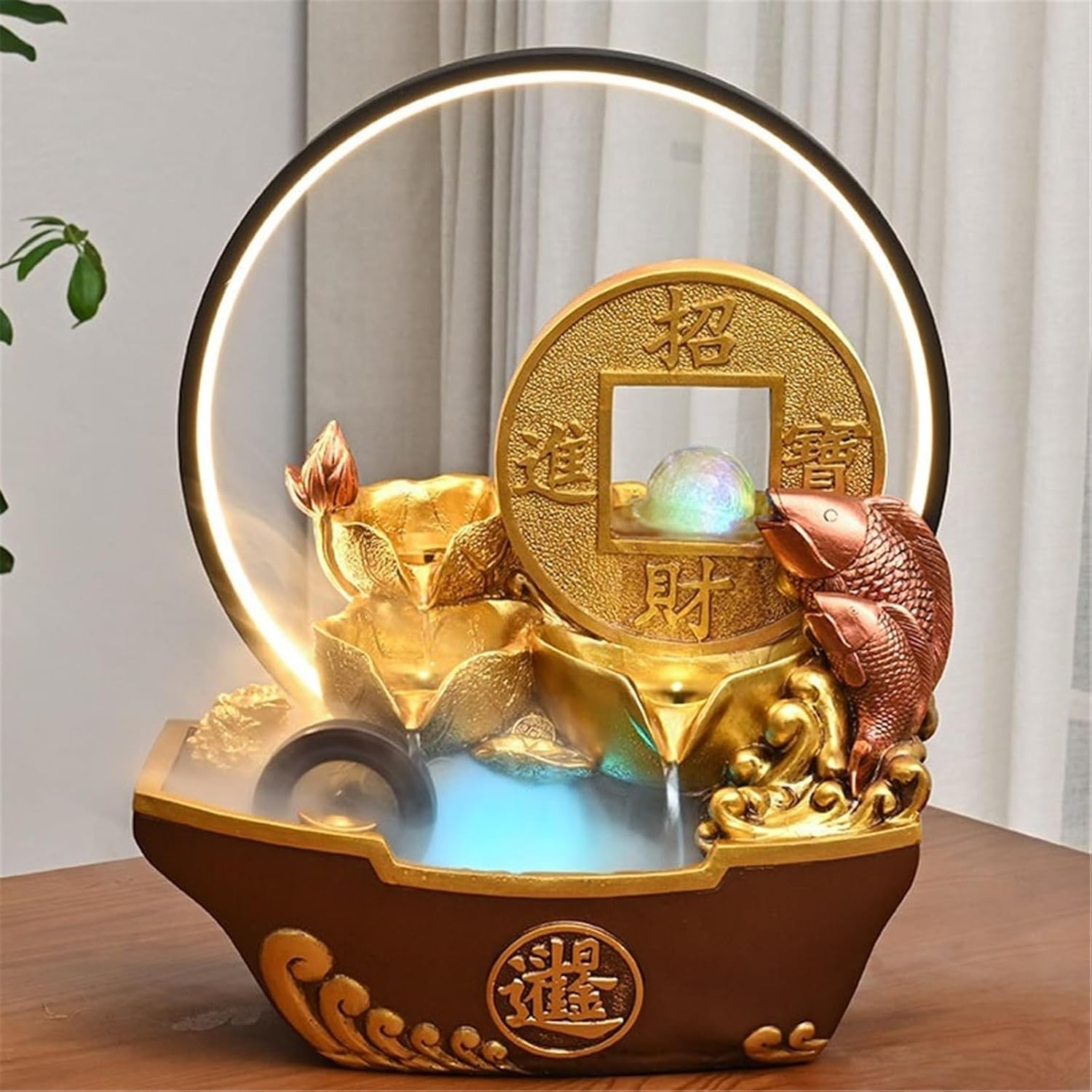 Tabletop Fountain Waterfall Light Luxury Water Ornaments Circulating Waterscape with Feng Shui Wheel Meditation Fountain(Large)