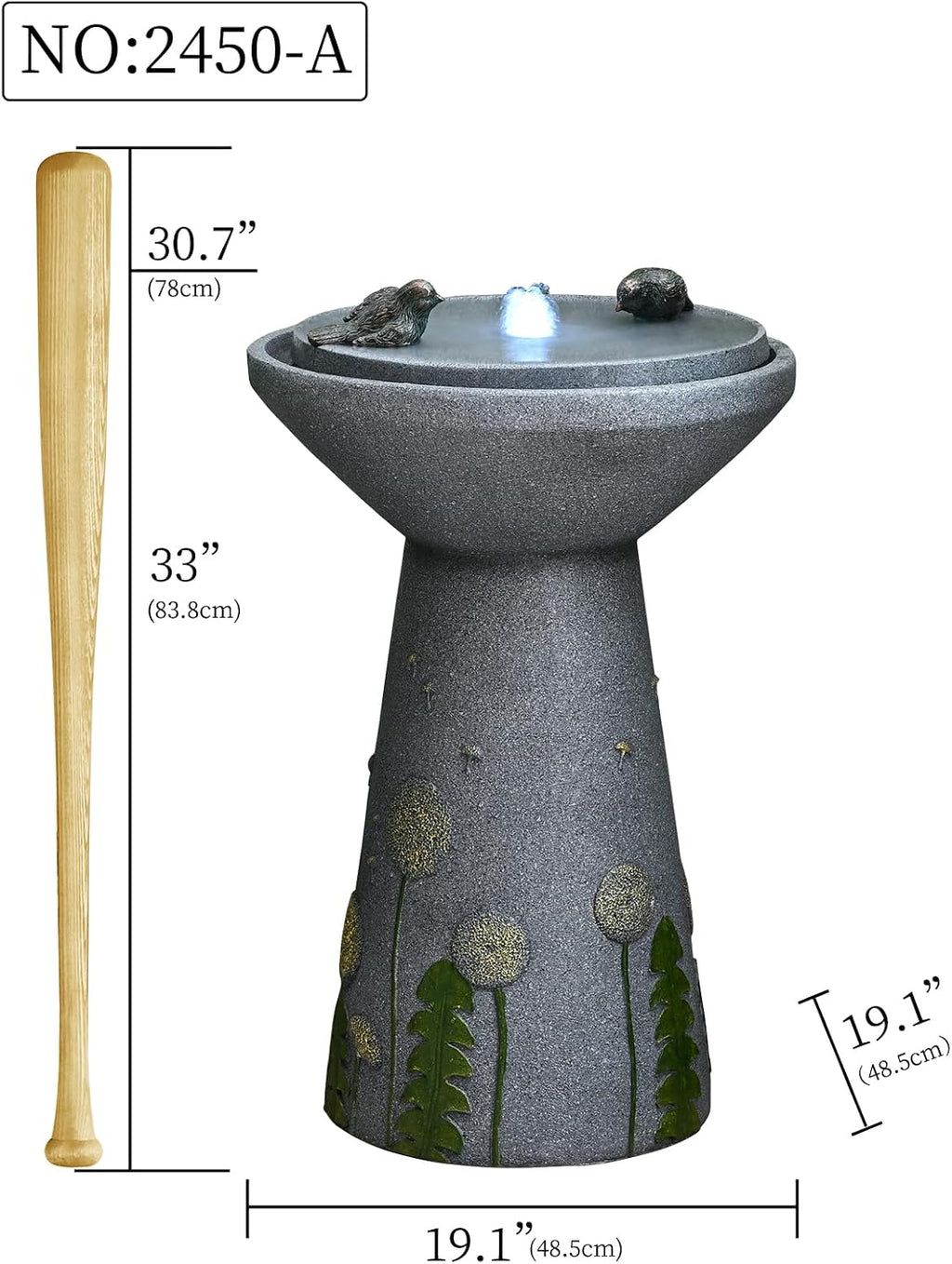 30.7' Outdoor Garden Floor-Standing Water Fountain with LED Light and Pump, Two Birds Embossed Pattern Pedestal Ceramic Watefall for Patio, Backyard, Deck, Porch and Home Art Decor (30.7' Two Birds)