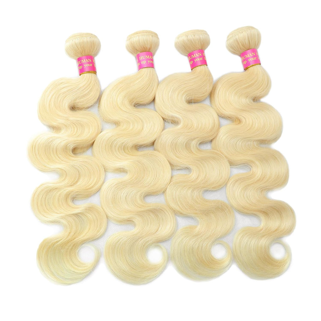613 Bundles Human Hair 14 16 18 20 Inch Blonde Bundles Human Hair Body Wave 4 Bundles, 100% Raw Indian Hair, Can Be Dyed, Highlighted or Restyled, Minimal Shedding, No Tangle, Easy to Take Care of.