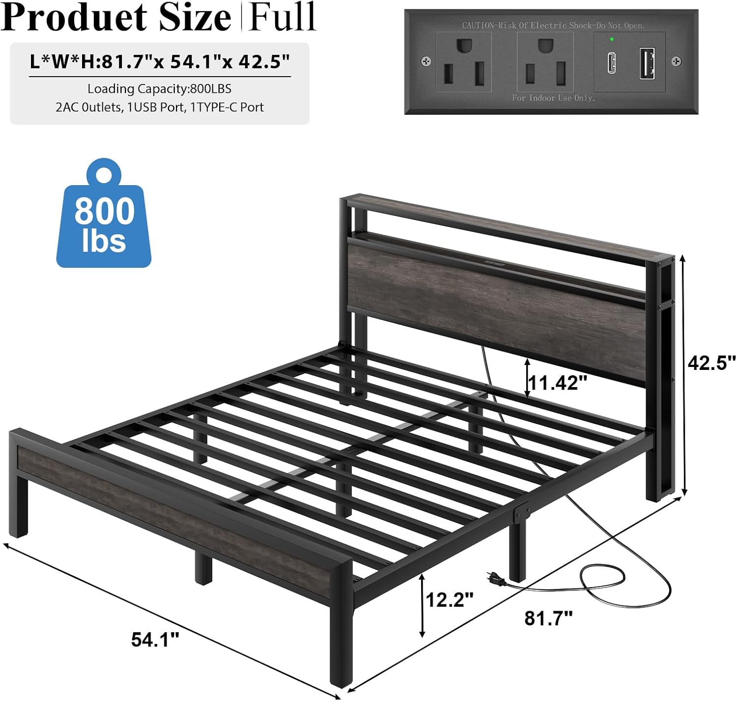 Full Size Bed Frame with Storage Headboard, Industrial Platform Bed with Charging Station and LED Lights, Heavy Duty Metal Slats, No Box Spring Need, Noise Free, Grey