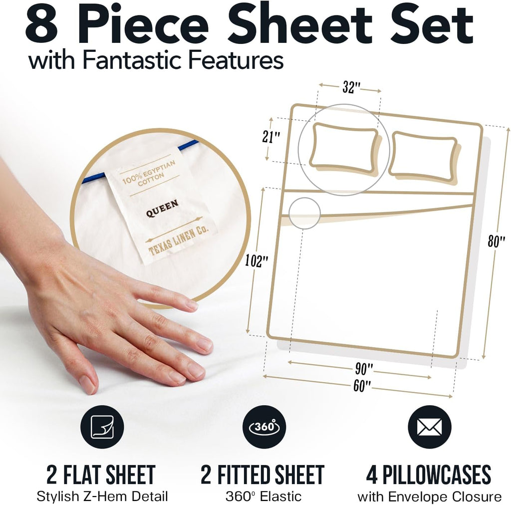 TEXAS LINEN CO. 100% Egyptian Cotton Queen Sheets Set Pack of 2 - Luxury 1500 Series Couture Comfortin' Collection Egyptian Cotton Sheets Queen Bed Set (8 PC, White), 17' Deep Pocket, Hotel Bedding