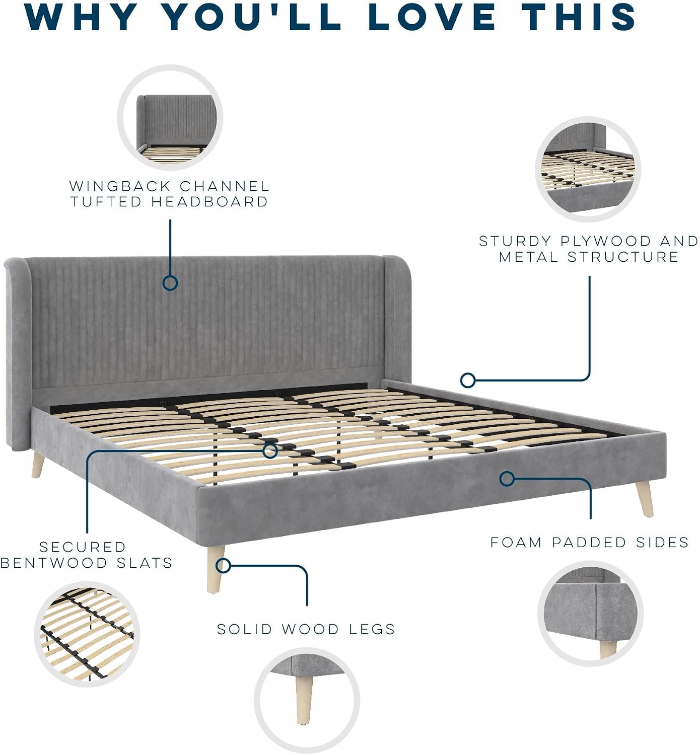Novogratz Holly Upholstered Wingback Bed Frame, King, Light Gray Velvet