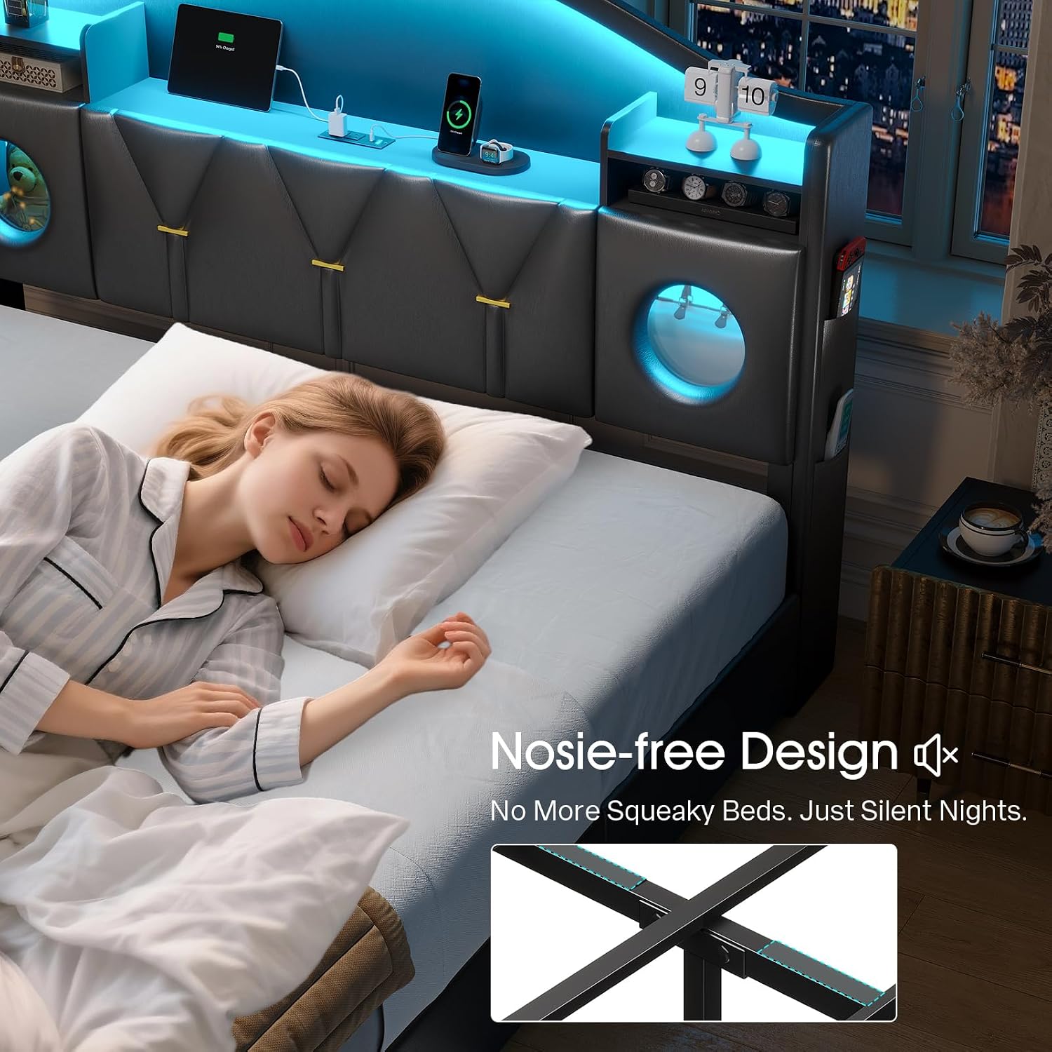 Queen Bed Frame with 6 Storage Drawers,Platform Bed Frame Queen Size with Headboard,LED Lights&Charging Station,Queen Bed with Metal Support, Noise-Free,No Box Spring Needed,Easy Assembly,PU Black
