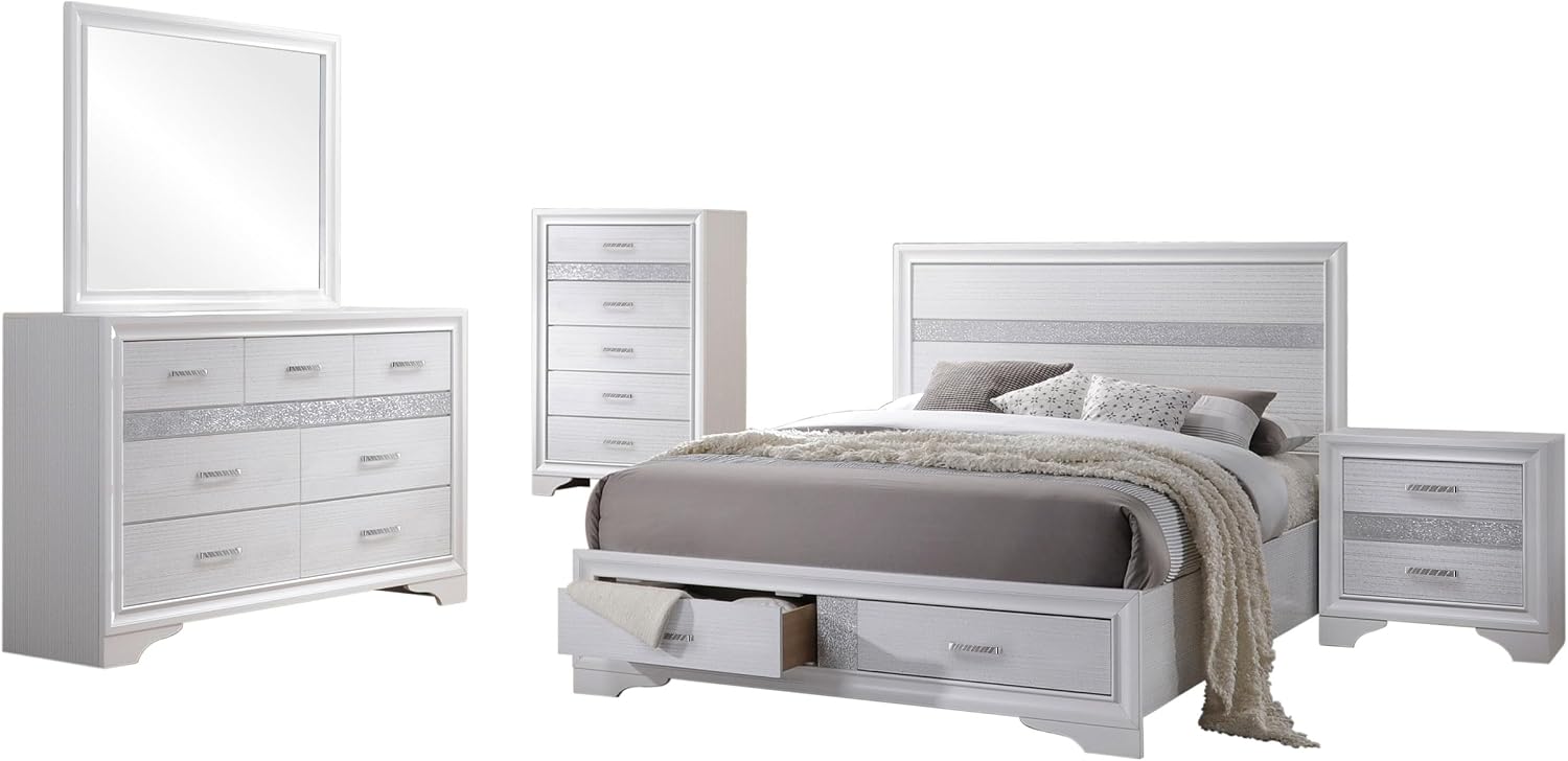 Coaster Home Furnishings Miranda Contemporary 5-Piece Bedroom Set Queen Size Storage Panel Bed Frame 50-inch Headboard White 205111Q-S5