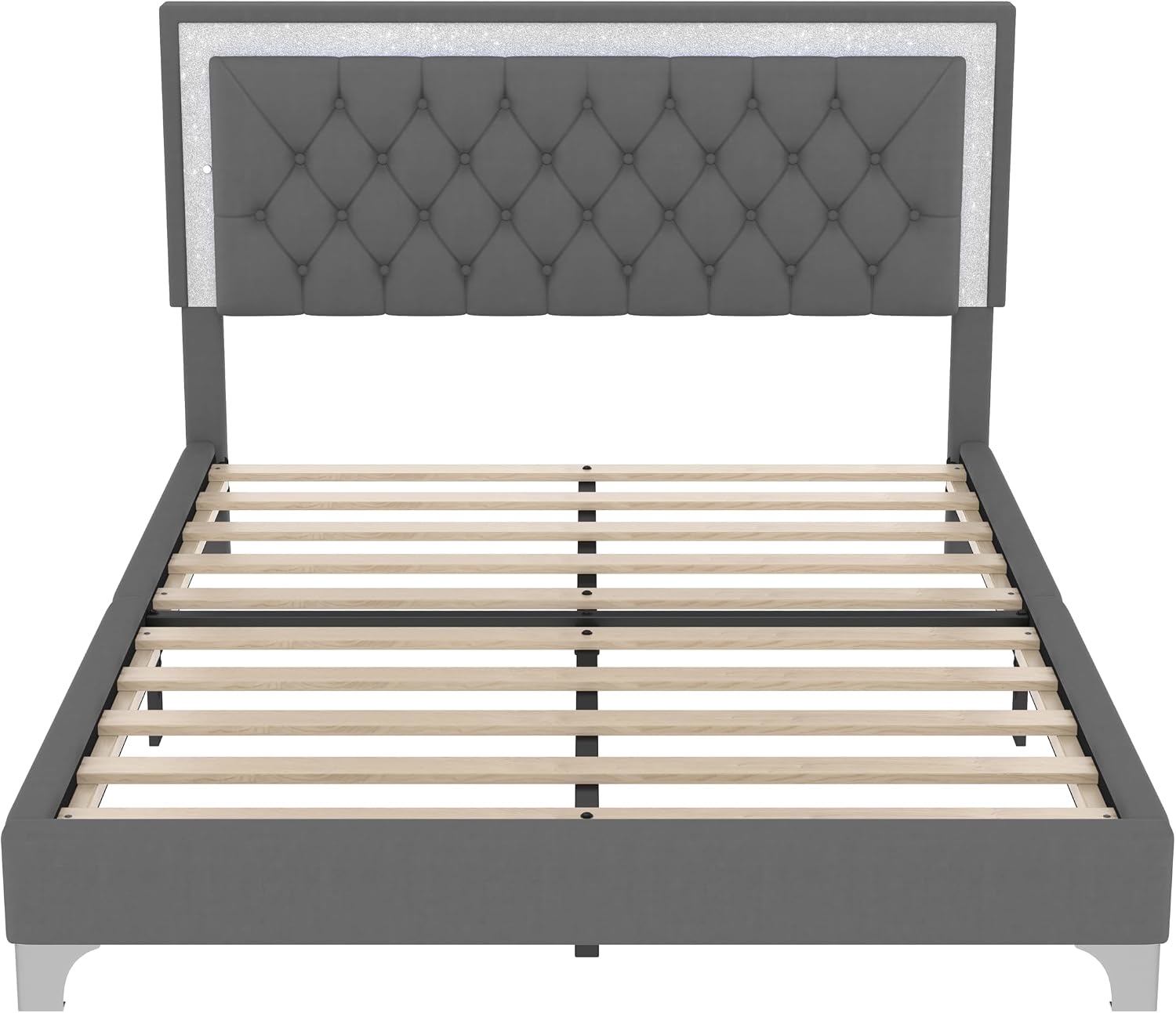 Linique 3-Pieces Bedroom Sets, Queen Size Velvet Upholstered Platform Bed Frame with LED Lights and Two Nightstands, Wooden Platform Bed with Button Tufted Headboard, Grey