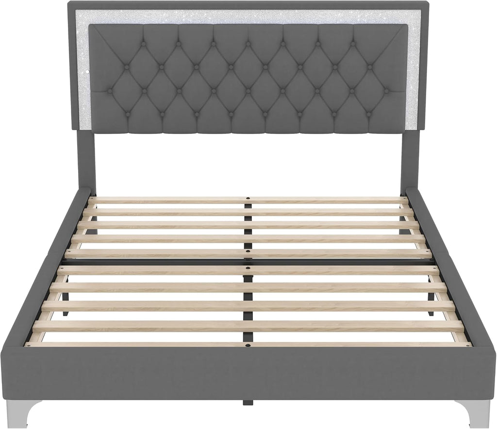 Flieks Queen Size Upholstered Bed Frame with LED Lights,Modern Velvet Platform Bed with Crystal Tufted Headboard,Gray