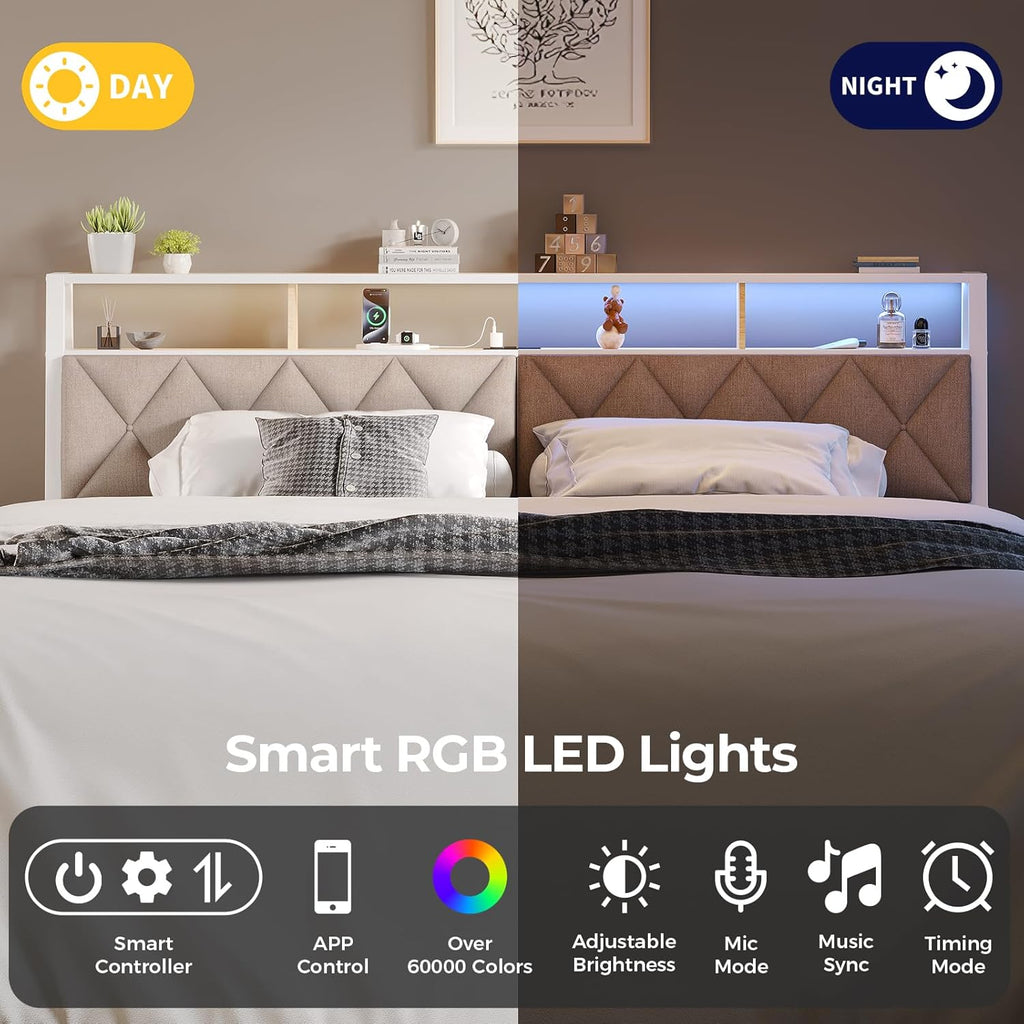 King Headboard Only, Headboard for King Size Bed with Storage, Upholstered Headboards with LED Lights & Charging Station, Attach Frame, Ideal for Bedroom/Dorm/Guest Room, White & Beige