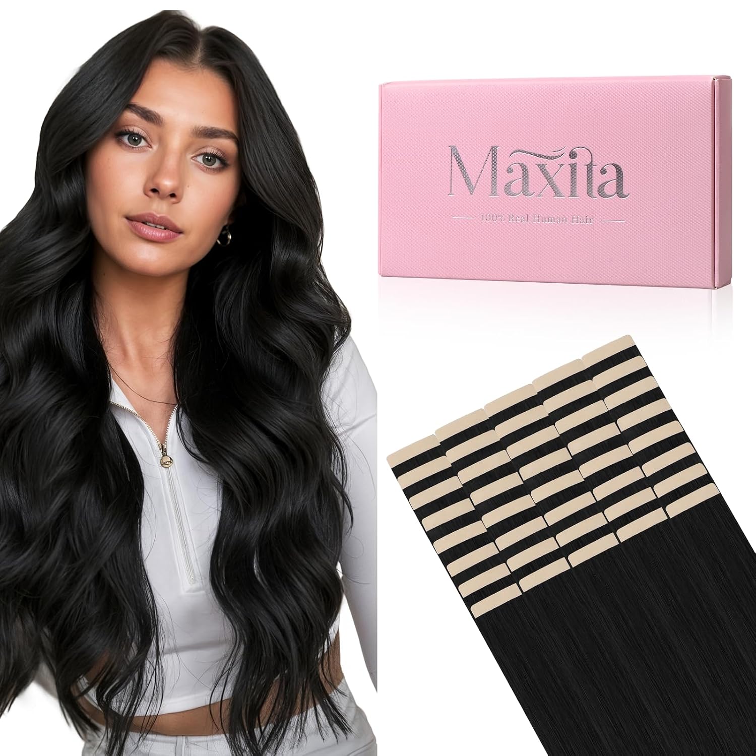 MAXITA Tape in Hair Extensions 1B Natural Black 22 Inch 100g 40pcs Thick Ends Remy Human Hair Seamless Straight Invisible Tape in Extensions