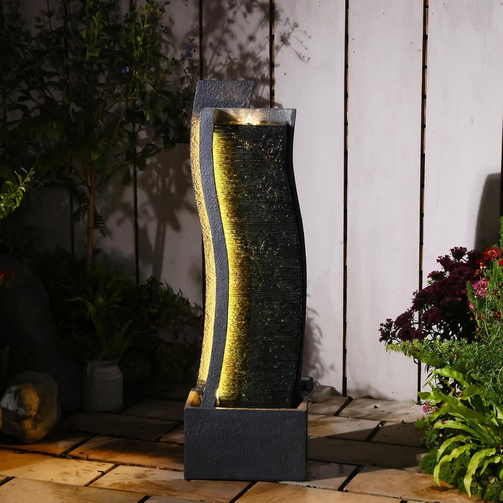 Sunlinua 43H Modern Outdoor Water Fountain with LED Light Garden Cascading Curved Waterfall Feature for Indoor or Outdoor Relaxing Garden Patio Backyard Deck Porch or Home Décor