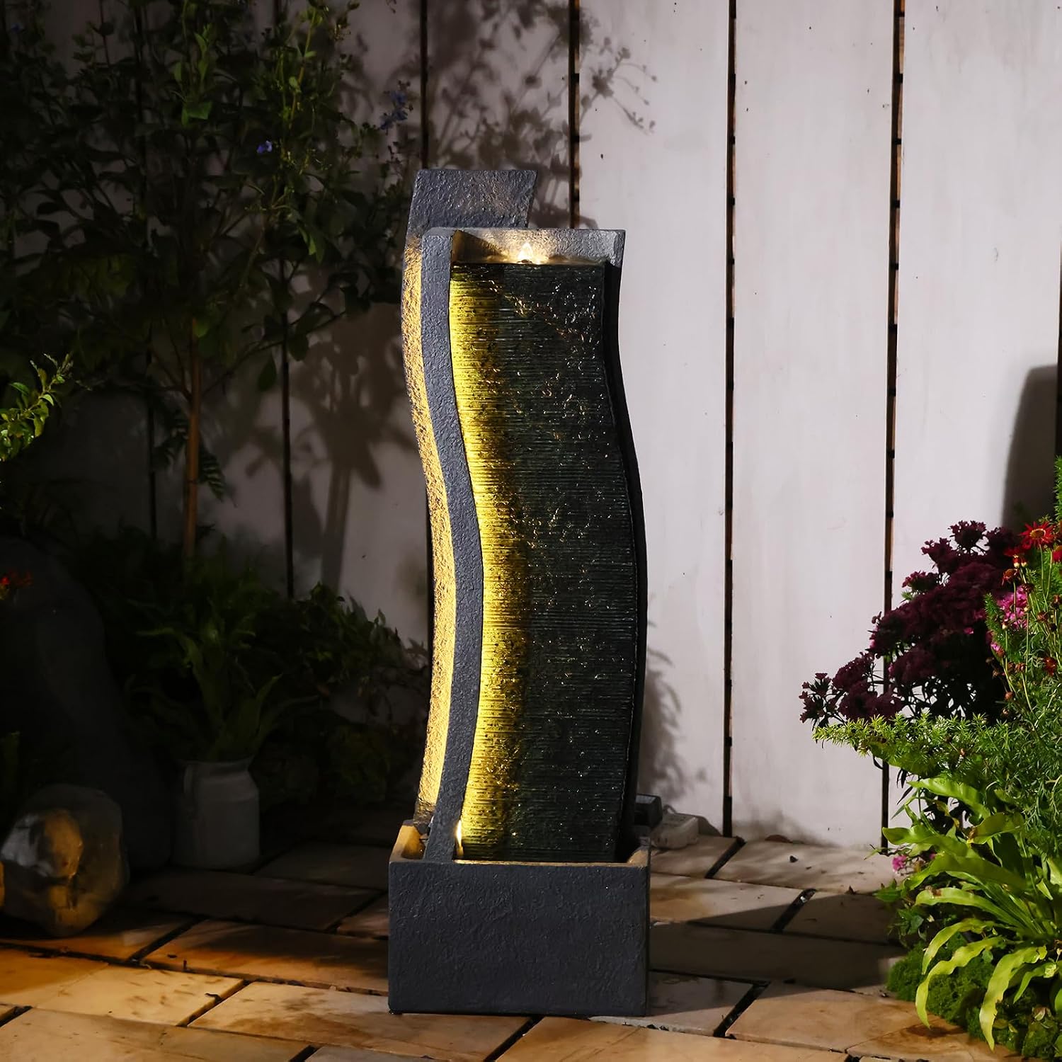 Sunlinua 43H Modern Outdoor Water Fountain with LED Light Garden Cascading Curved Waterfall Feature for Indoor or Outdoor Relaxing Garden Patio Backyard Deck Porch or Home Décor