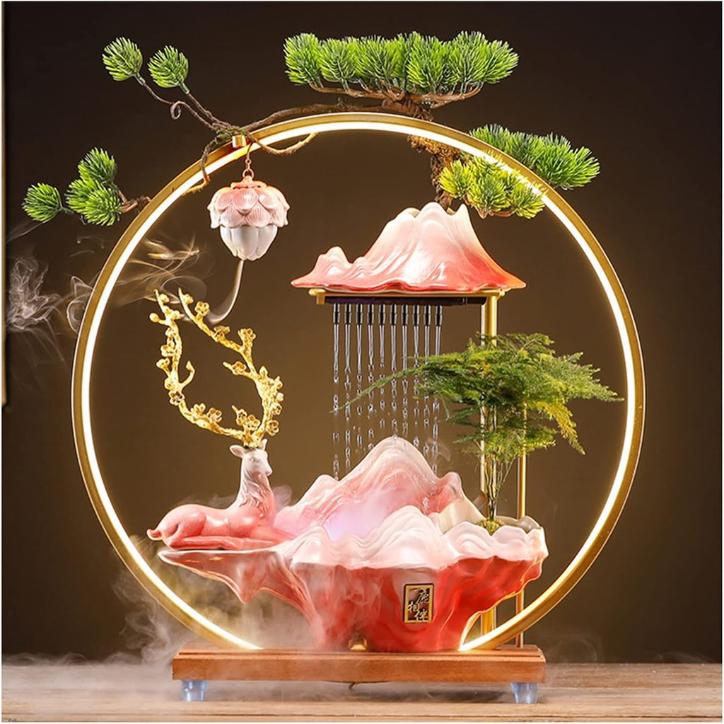 Ceramics Rockery Waterfall Indoor Mini Tabletop Water Fountain with LED Lights, Atomizing Humidifier Home Office Decorations Lucky Flowing Water Decoration (Color : Style 2)