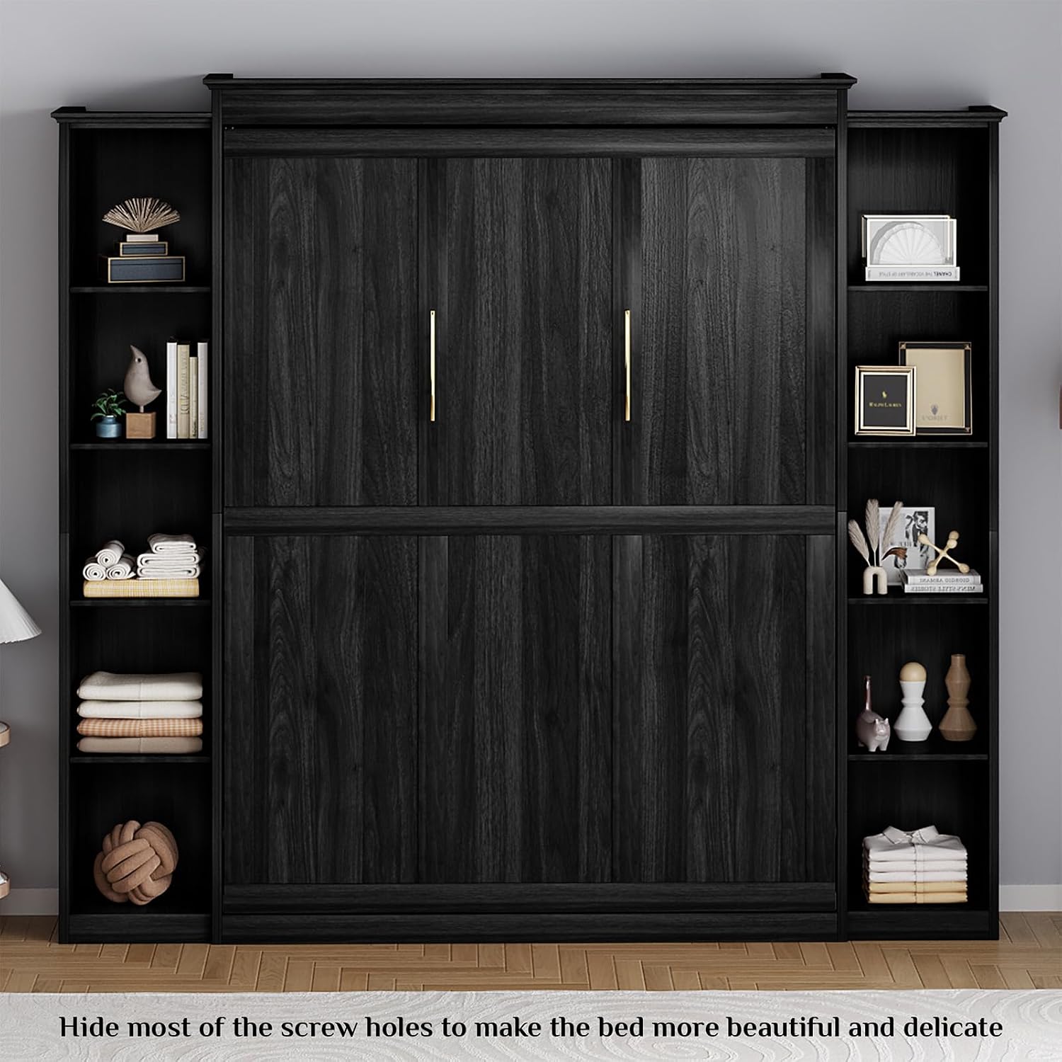 Rophefx Queen Murphy Bed Cabinet with 5-Tier Adjustable Storage Shelves, Wood Queen Wall Bed Cabinet Bed Frame, Space Saving Beds, Hidden Bedframe, Foldable Platform Beds for Guest Room, Black Gray
