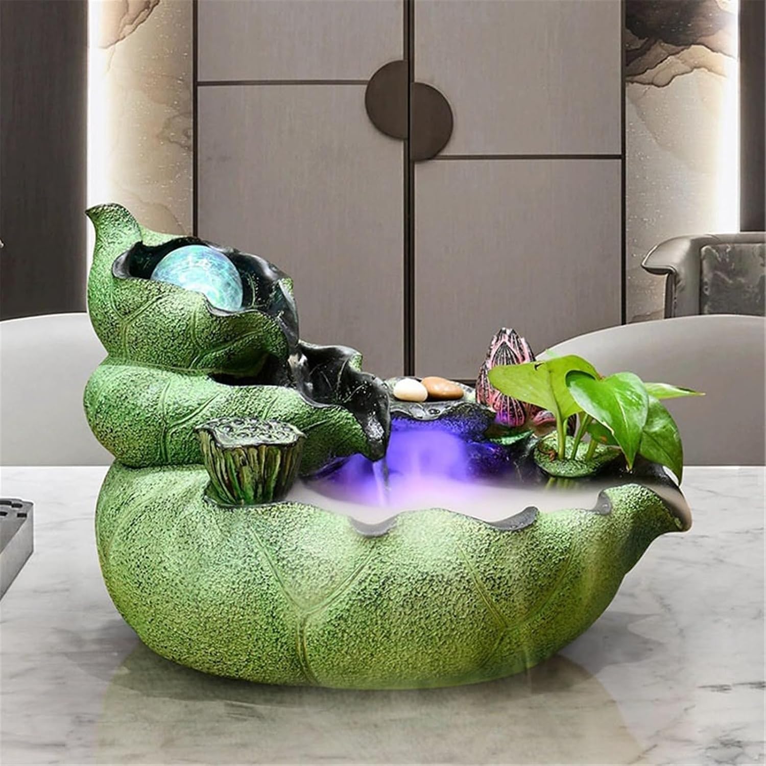 Tabletop Fountain Waterfall Indoor Fountain Chinese Style Lotus Leaf and Flowing Water Ornaments Circulating(Small)