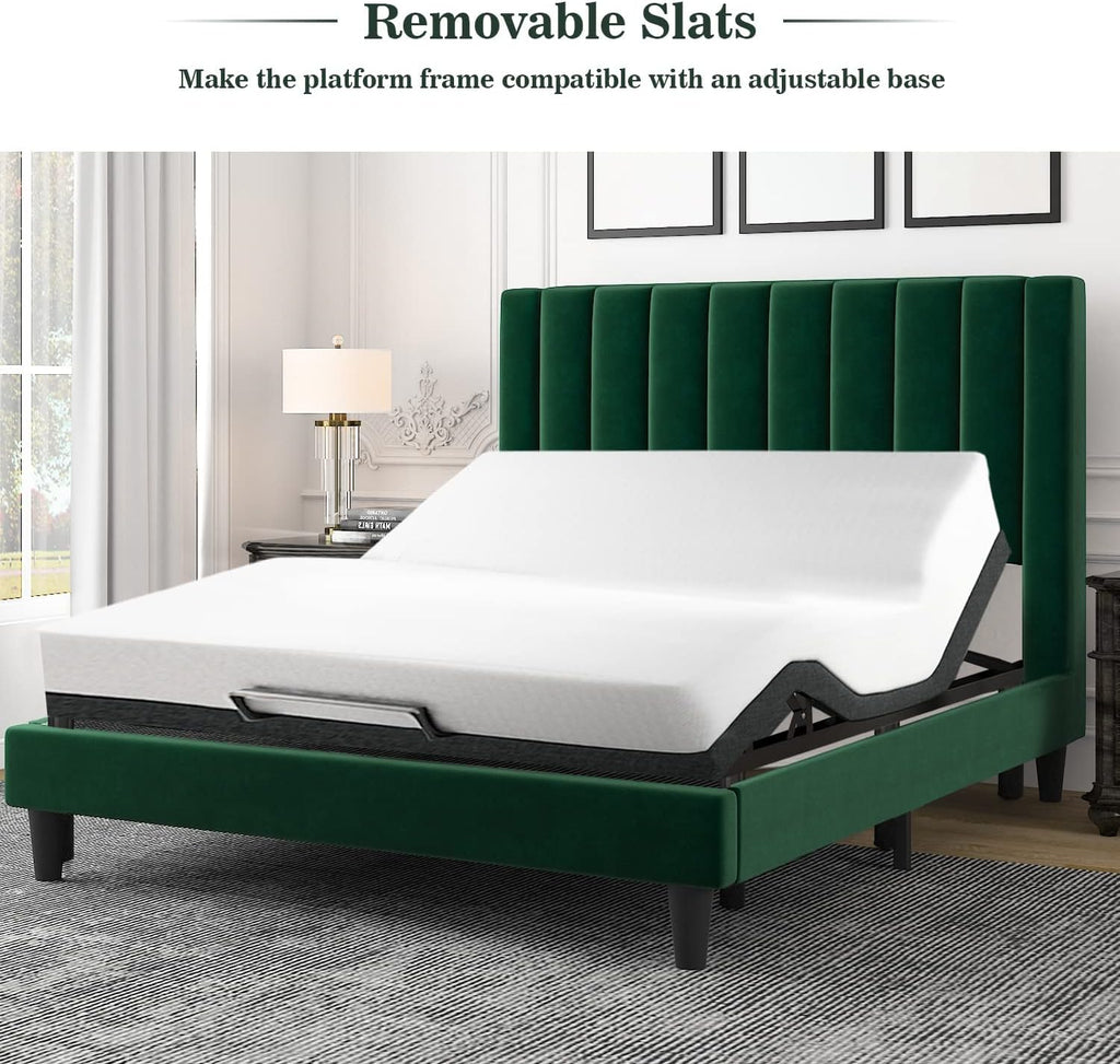 Allewie Queen Bed Frame/Velvet Upholstered Bed Frame with Vertical Channel Tufted Headboard/Strong Wooden Slats/Platform Bed Frame/Mattress Foundation/Box Spring Optional/Easy Assembly/Green