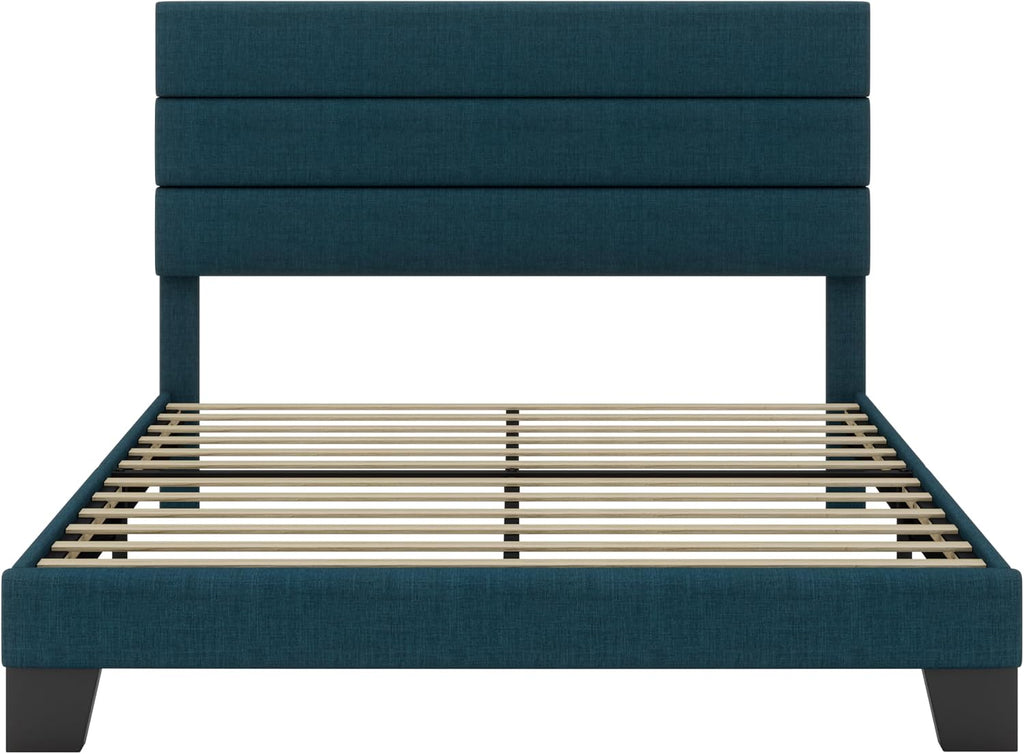 SHA CERLIN Queen Platform Bed Frame with Upholstered Fabric Headboard, Mattress Foundation with Strong Wooden Slats Support, No Box Spring Needed, Blue
