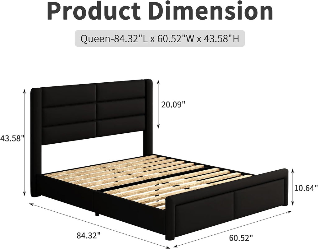 Queen Upholstered Bed Frame with Headboard and LED Lights, Modern Faux Leather Bed Frame with Wooden Slats Support and Heavy Duty Mattress Foundation, No Box Spring Needed, Easy Assembly, Black