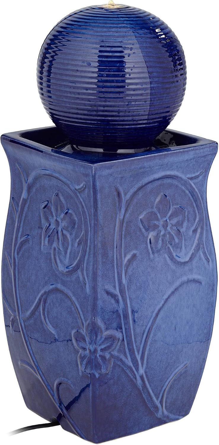 Periwinkle 29 1/4' High Large Zen Outdoor Cottage Core Decor Blue Ceramic Floor Fountain with Light LED Ball Standing Sphere Bubbler Water Feature for Outside Garden Patio Yard - John Timberland