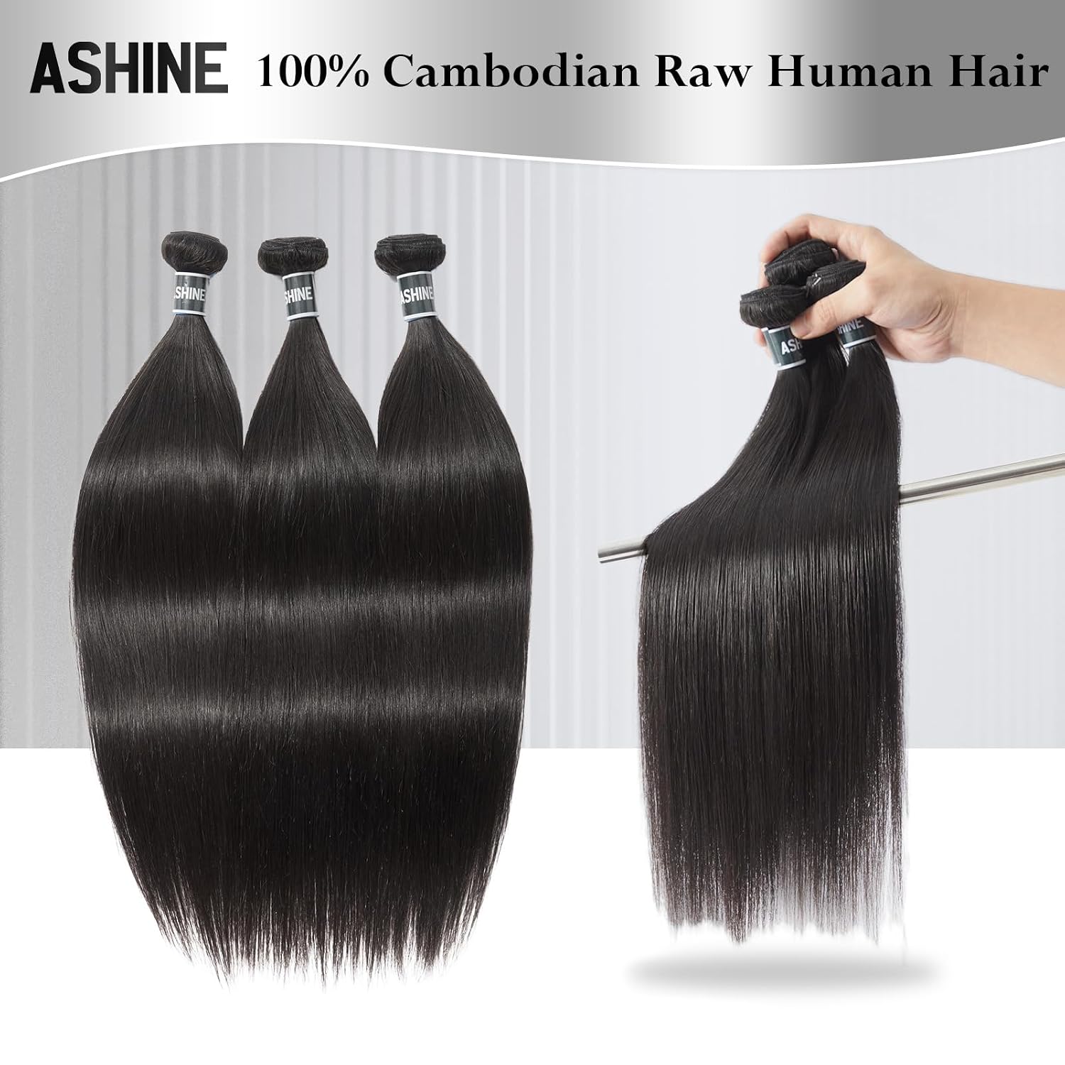 ASHINE Human Hair Bundles Straight, Unprocessed Cambodian Raw Hair Bundles for Women Natural Black 14 16 18 Inch, Keep Soft and Silky After Multiple Washes