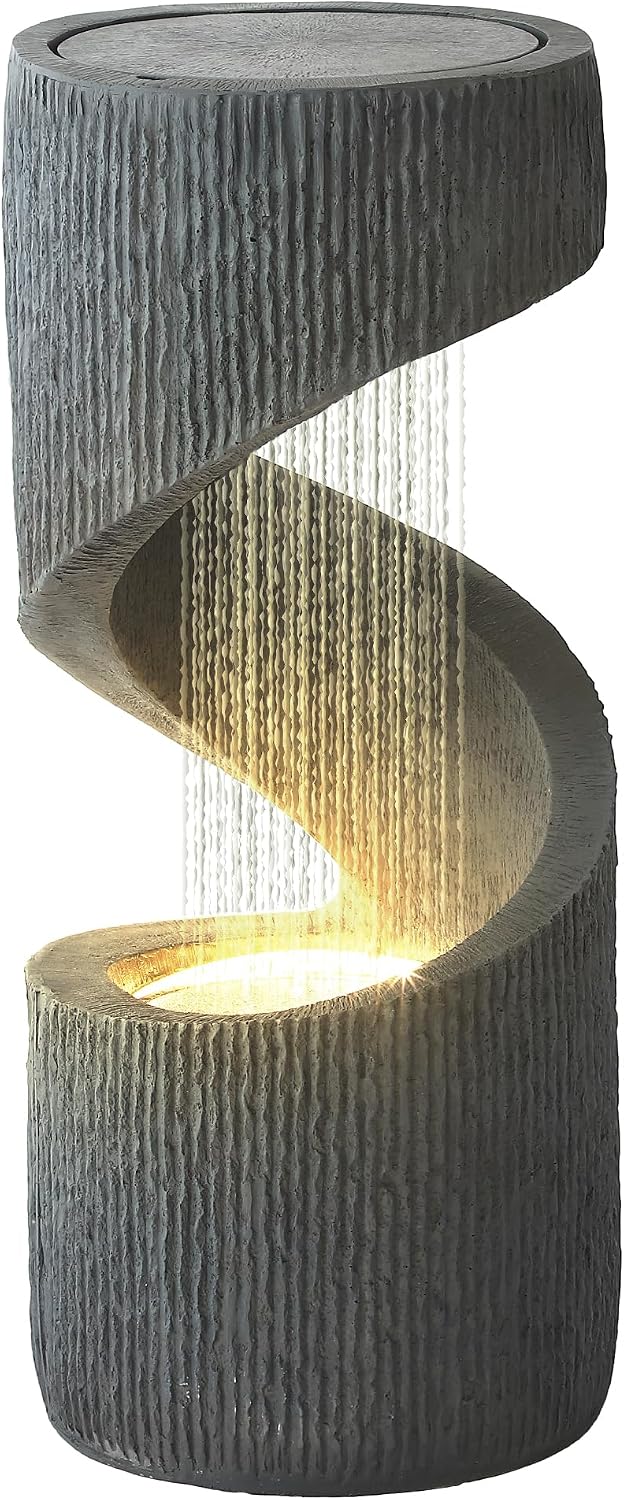 31.9' Outdoor Garden Water Fountain, S-Shaped Cascading Fountains and Waterfalls with LED Lights & Splash-Proof Net, Indoor/Outdoor Floor Standing Water Feature for Patio, Backyard, Home Decor