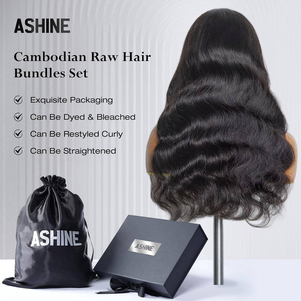 ASHINE Human Hair Bundles Body Wave, Unprocessed Cambodian Raw Hair Bundles for Women Natural Black 22 24 26 Inch, Keep Soft and Silky After Multiple Washes