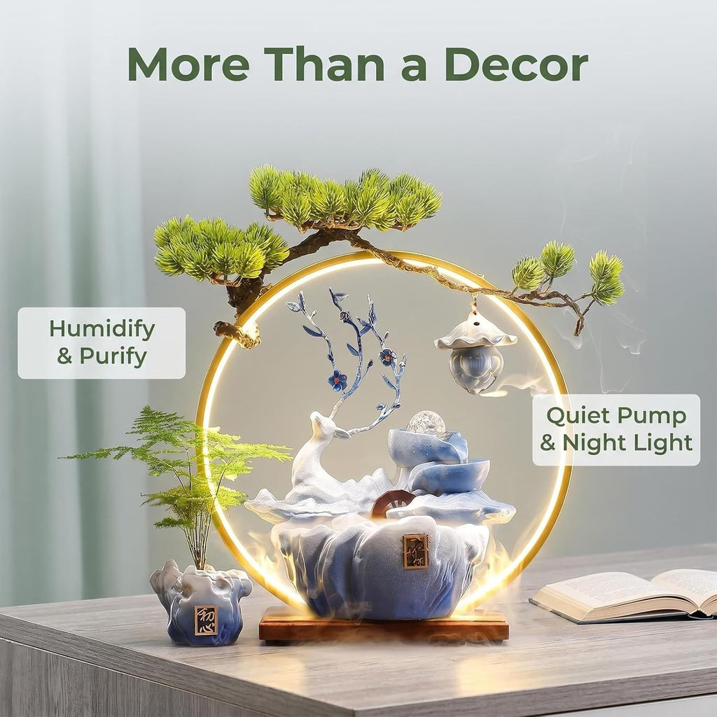 Tabletop Water Fountain, 17.3'Tall Deer Statue Waterfall Fountain with Incense Holder, LED Light & Adjustable Pump, Zen Relaxation Desk Fountains for Office,Living Room or Bedroom