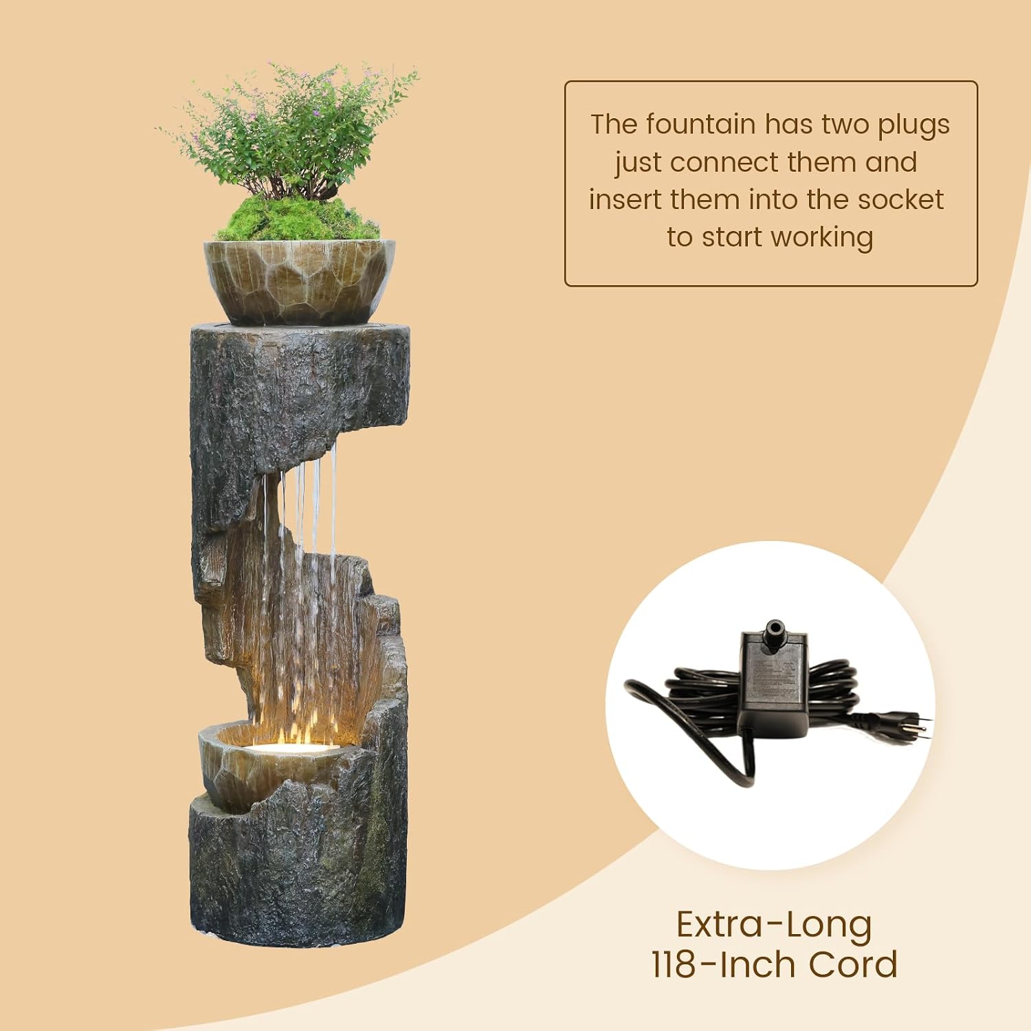 Outdoor Fountain Garden - Patio Waterfall Fountain with Lights, Rustic Wood-Style Cascading Waterfall with Planter Bird Feeder, Resin Water Feature for Deck, Patio, Backyard or Porch, 33.9' H