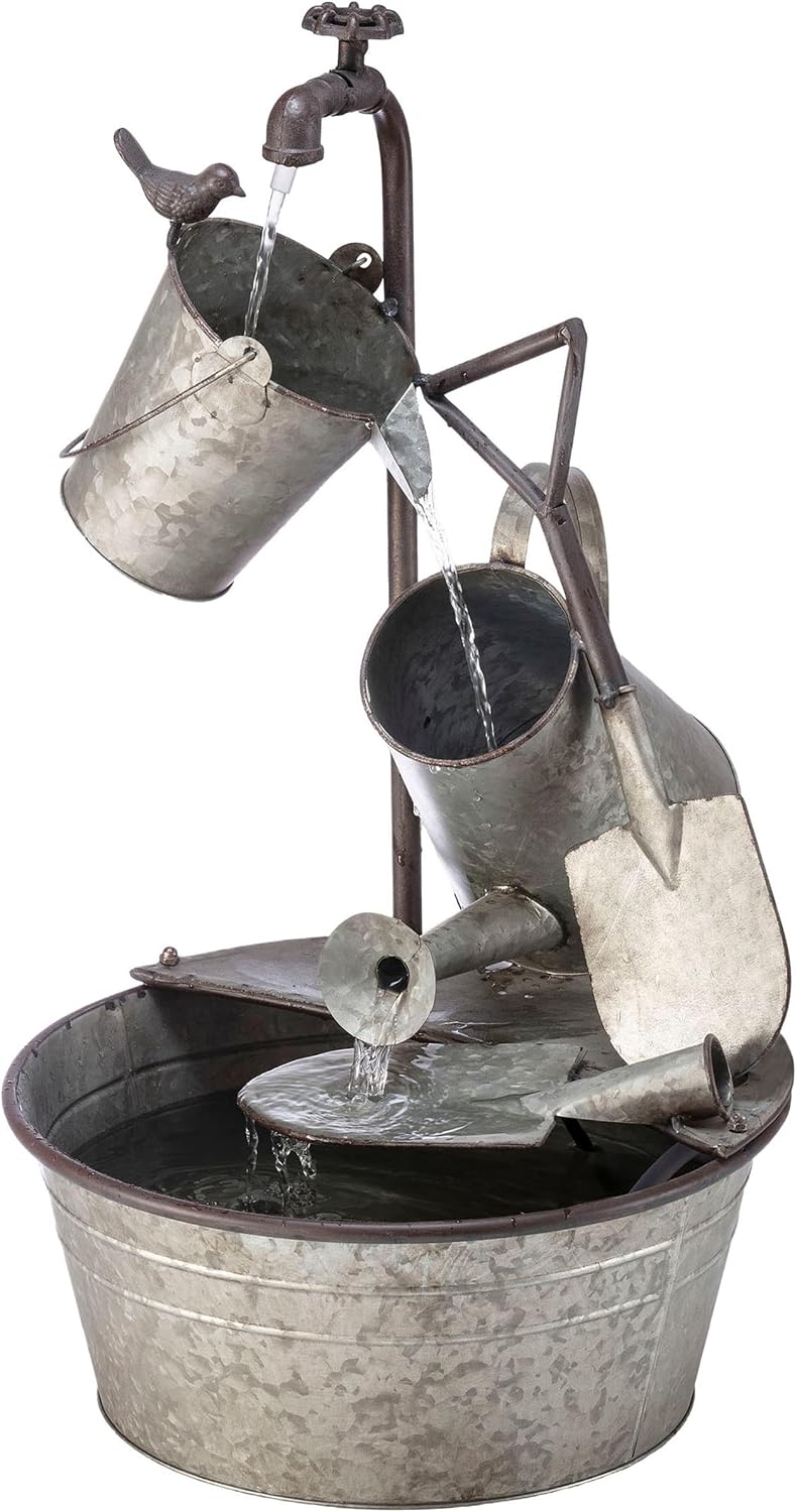 Alpine Corporation YHL106 Outdoor Floor 3-Tiered Metal Garden Tools Water Fountain, Tools and Faucet Waterfall, 28', Gray