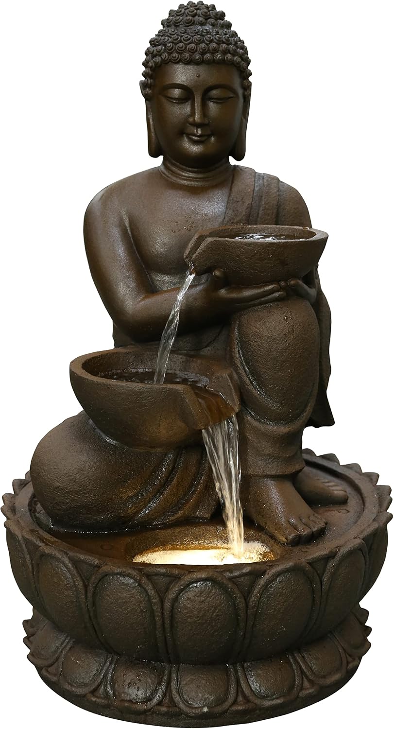Hi-Line Gift-Large Buddha Fountain W/LED Light in/Outdoor Fountain Resin Garden Decor