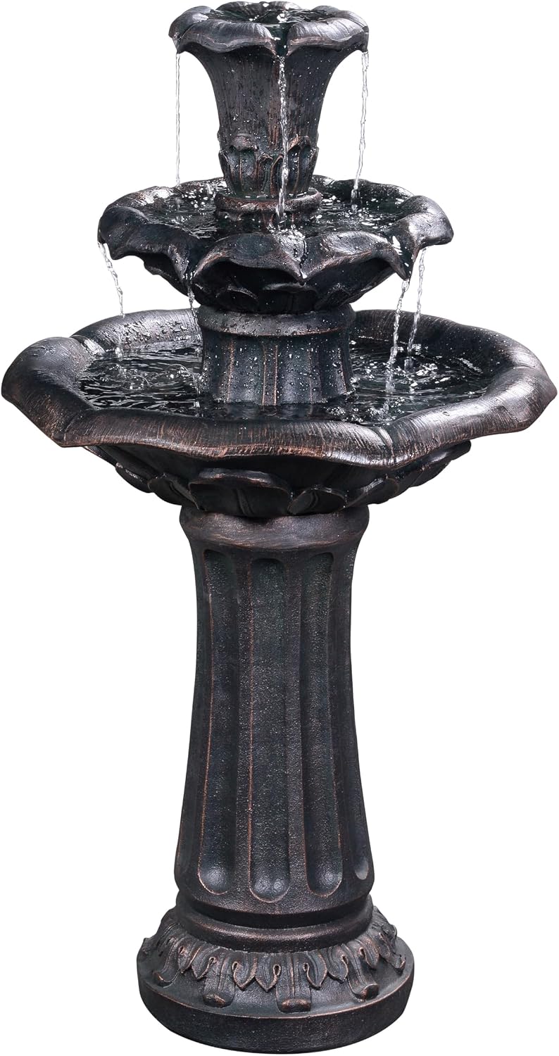 Teamson Home Lily Flower Floor Pedestal 3 Tiered Floor Waterfall Fountain with Pump for Outdoor Patio Garden Backyard Decking, 38 Inch Height, Bronze