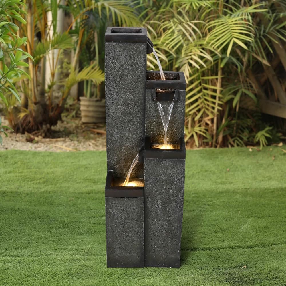 Modern Floor-Standing Water Fountain 39.3' High, Indoor Outdoor Water Fountain with Lights for Home, Garden, Patio Decor