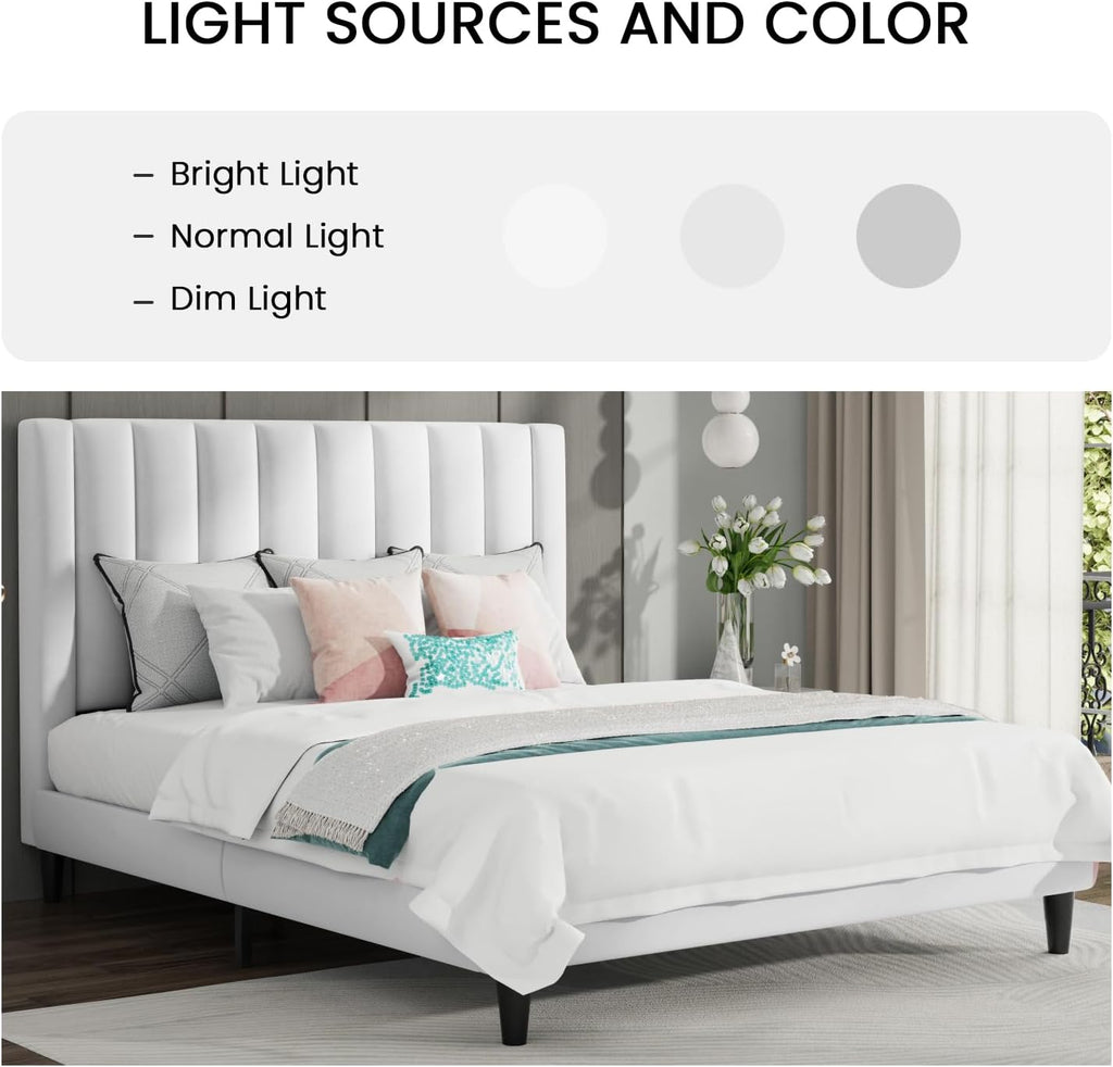 SHA CERLIN King Bed Frame/Velvet Upholstered Platform Bed Frame with Headboard/Strong Wood Slats Support/Mattress Foundation/No Box Spring Needed/Easy Assembly/White