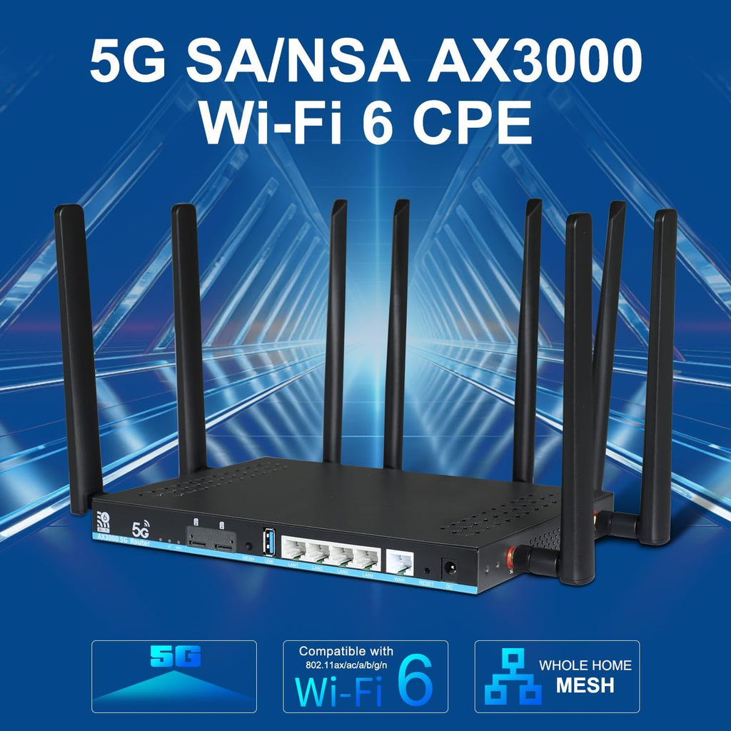 AX3000 5G WiFi 6 Router Unlocked with Dual SIM + eSIM, Sub-6GHz 2Gbps 5G NR Worldwide Bands n41/n77/n78 Compatible with AT&T T-Mobile Verizon, 8 External Antennas, 4 Gigabit LAN, OpenWRT