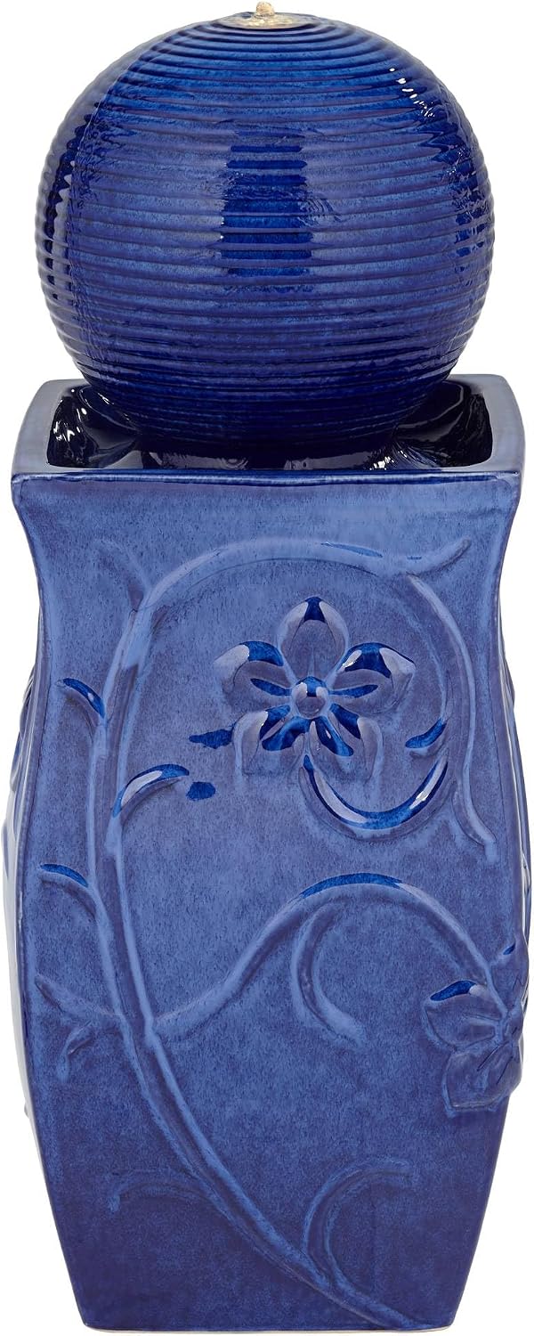 Periwinkle 29 1/4' High Large Zen Outdoor Cottage Core Decor Blue Ceramic Floor Fountain with Light LED Ball Standing Sphere Bubbler Water Feature for Outside Garden Patio Yard - John Timberland