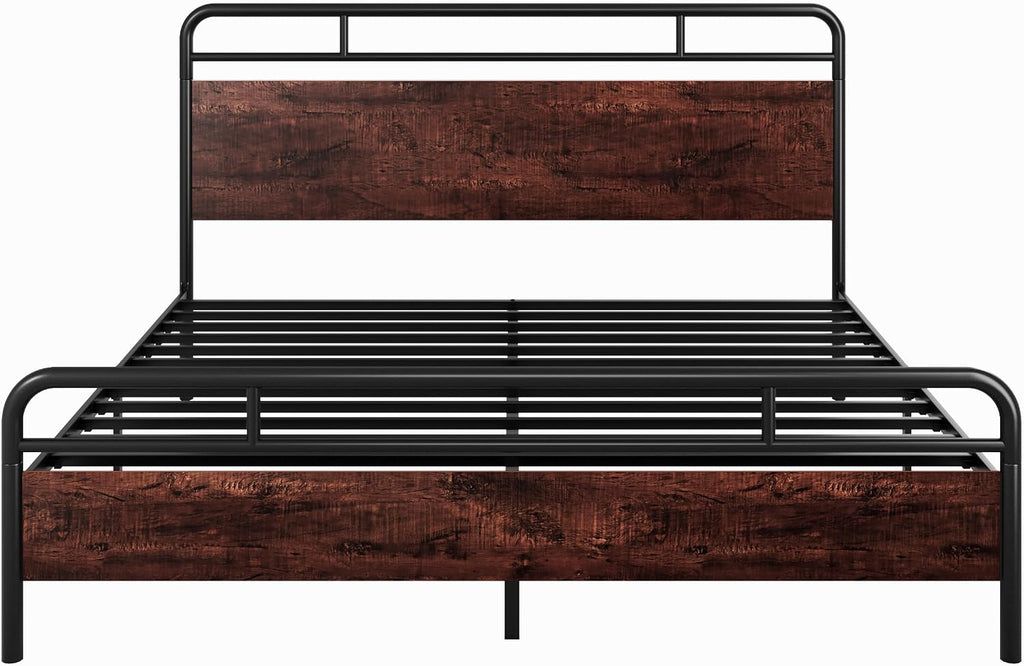 SHA CERLIN King Size Bed Frame with Wooden Headboard and Footboard, Rounded Corner Metal Structure, Heavy Duty Slats with Under-Bed Storage, No Box Spring Needed, Mahogany