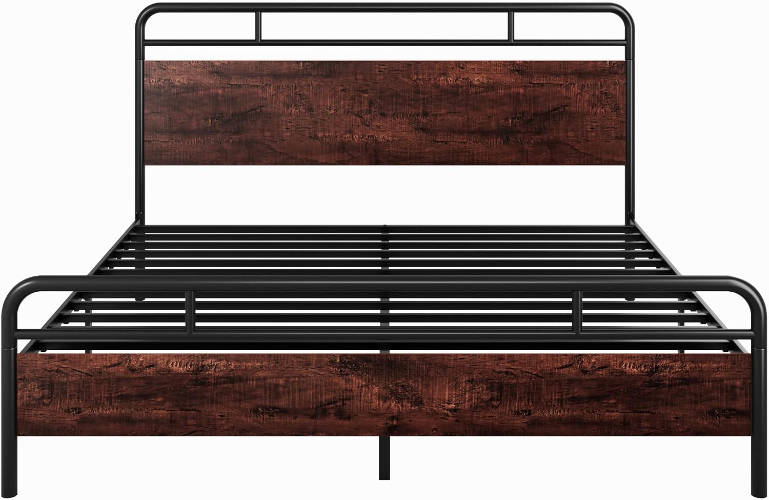 SHA CERLIN King Size Bed Frame with Wooden Headboard and Footboard, Rounded Corner Metal Structure, Heavy Duty Slats with Under-Bed Storage, No Box Spring Needed, Mahogany