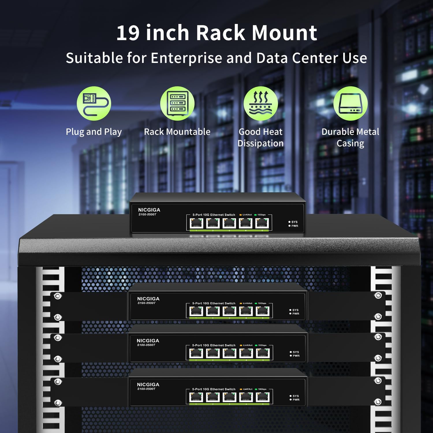 5 Port 10G Ethernet Switch Unmanaged,with 5X 10Gb Base-T RJ45 Ports, NICGIGA 10Gbps Network Switch Easy for 10G NAS,PC,WiFi7 Router,10G Adapter/NIC. Desktop or 19-inch Rack Mount, Plug and Play.