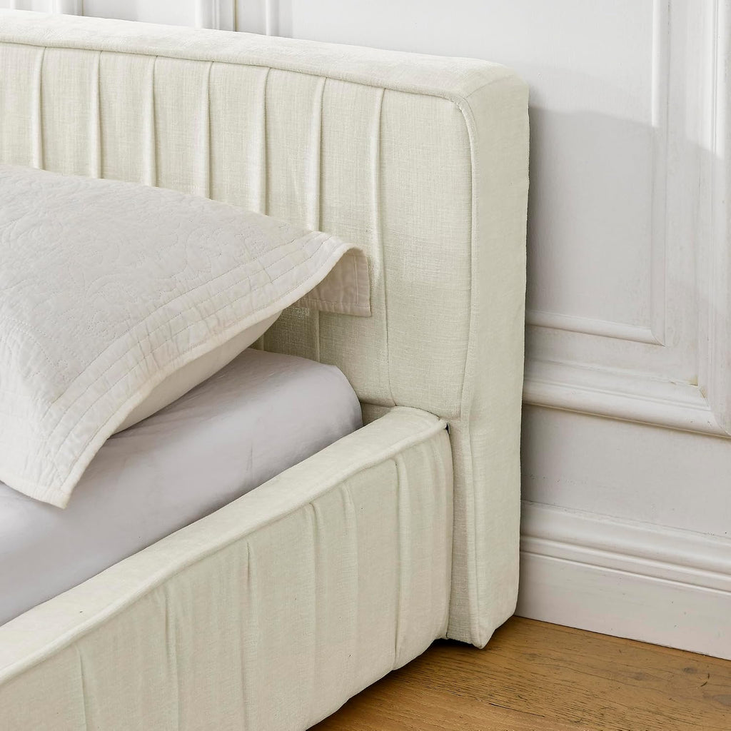 Ball & Cast Queen Size Low Bed Frame,Chenille Upholstered Platform Bed with Pleated Design Headboard,Grounded Floor Bed with Wood Slat Support,No Box Spring Needed,Beige