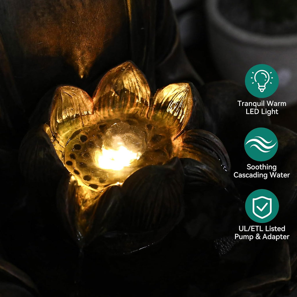 29' Outdoor Fountain, Zen Meditating Buddha Water Feature with LED Lights, Resin Lotus Soothing Cascading Waterfall for Patio, Backyard, Garden or Porch