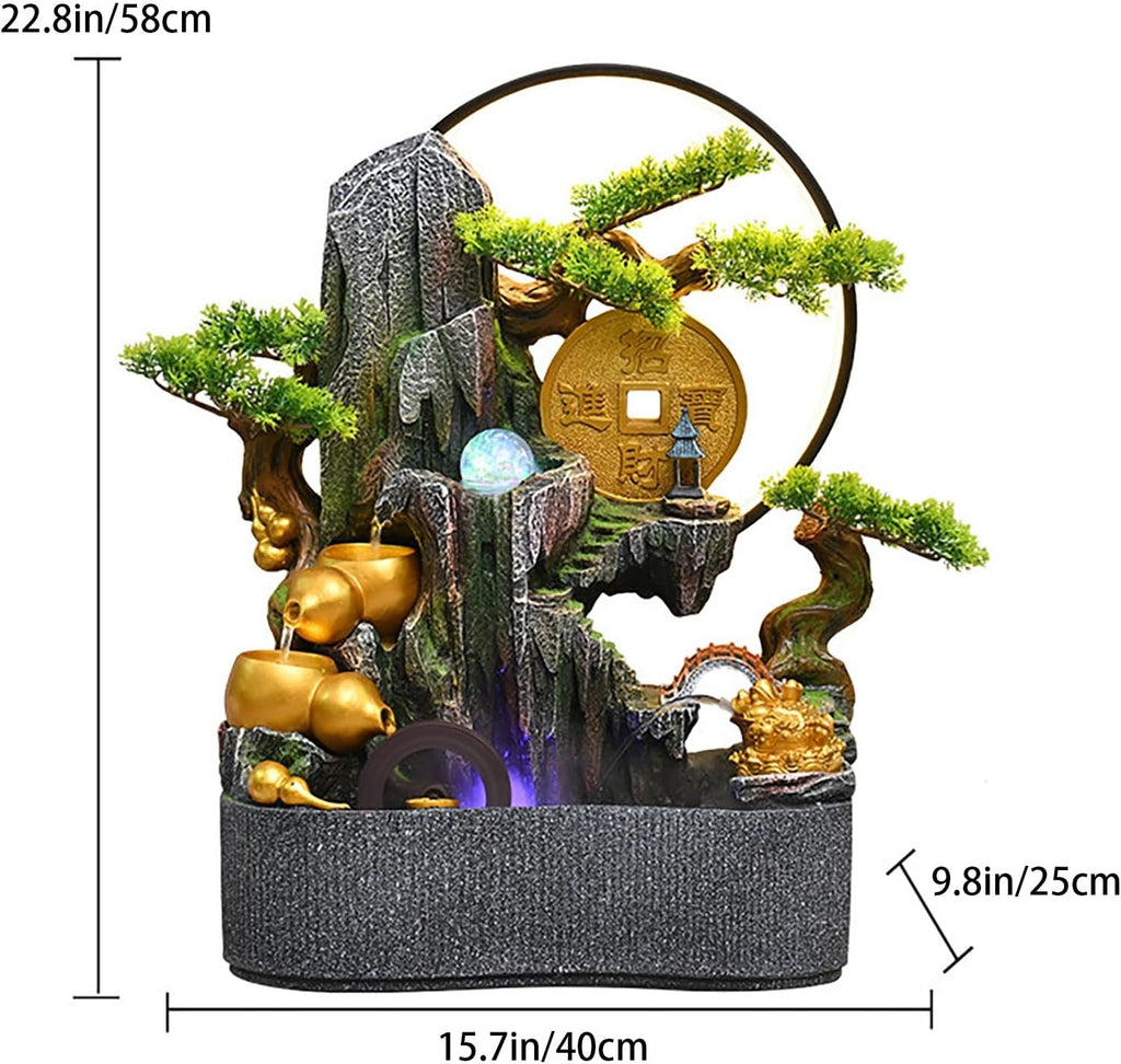 Tabletop Water Fountain, Indoor Bonsai Waterfall with LED Light, Resin Desk for Living Room, Office, Bedroom, Study(C)
