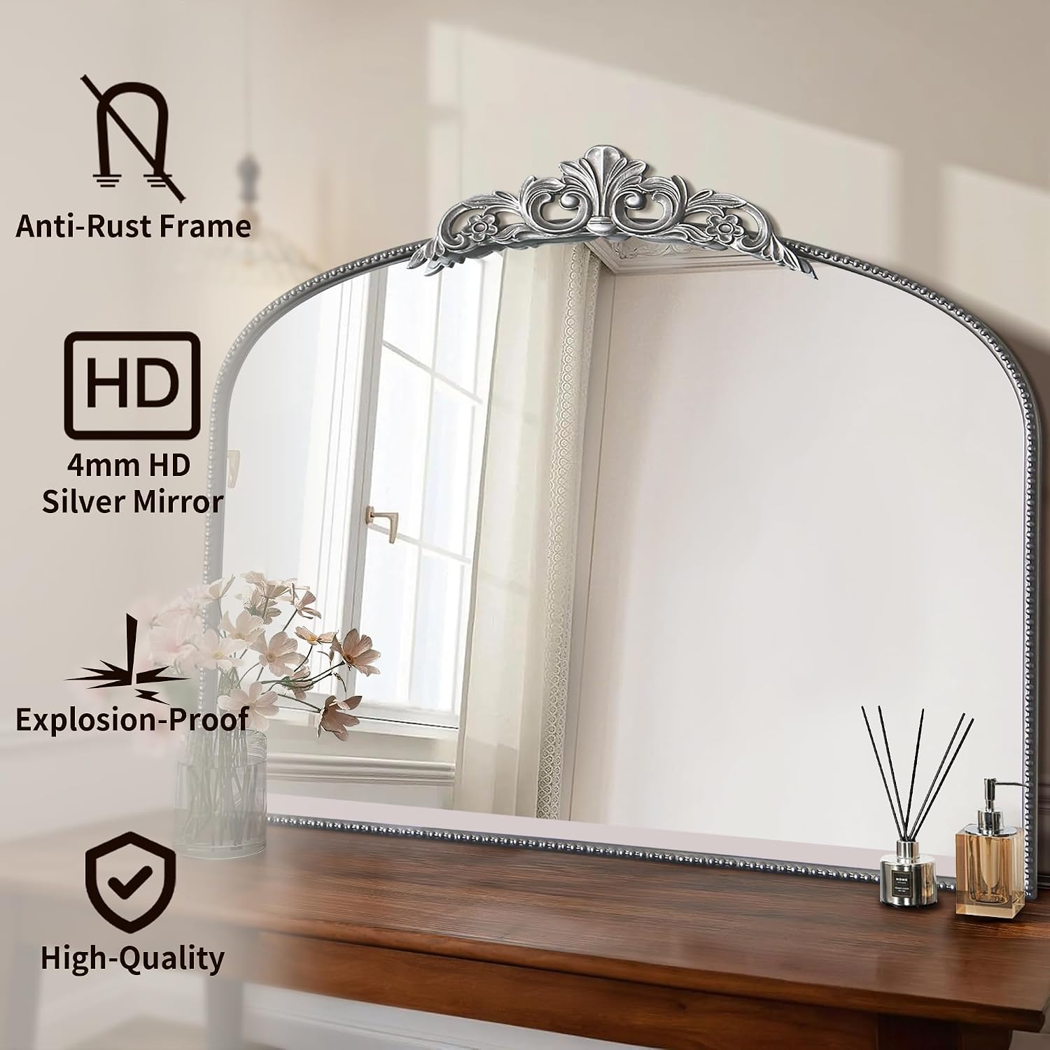 Micasso Large Vintage Silver Mirror: 40'x29' French Baroque Antique Arched Mirror - Traditional Ornate Decorative for Wall/Fireplace/Mantel/Entryway/Bathroom/Hallway - Home Decor for Living Room