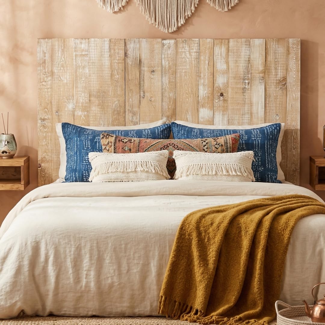Barn Walls Boho Whitewash Headboard, Bohemian Design, Solid Wood Headboard, Floating Panels, Wall Mount, Adjustable Height, Easy Assembly, Queen Size