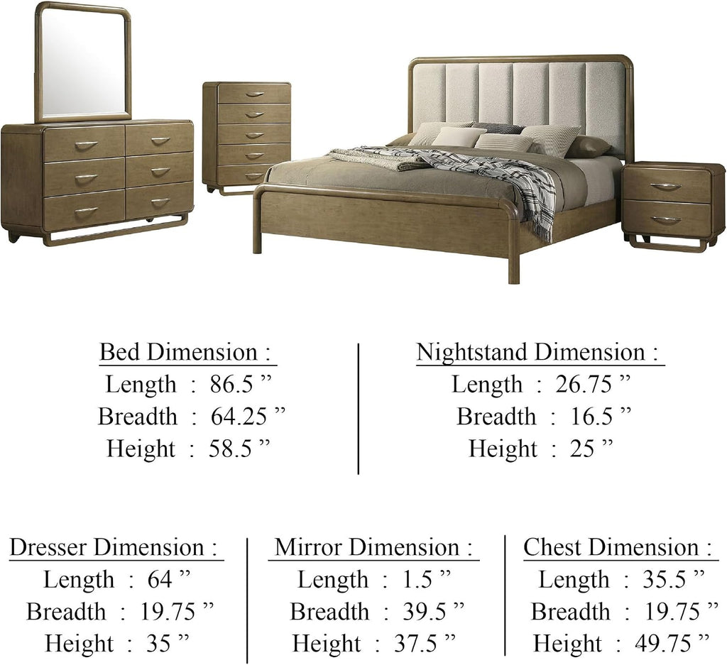 Benzara Deon 5 Piece Queen Bedroom Set, Upholstered Headboard, Brown Hardwood