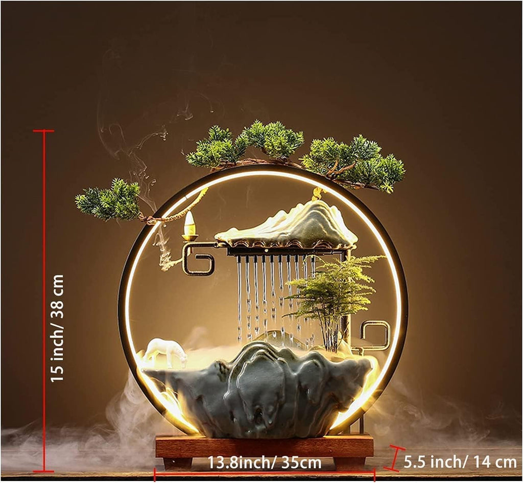 Tabletop Water Fountains - Indoor Waterfall with Mist LED - Japanese Indoor Water Fountains for Meditation - Includes Backflow Incense and Fake Plants - Feng Shui Decor for Good Luck and Wealth