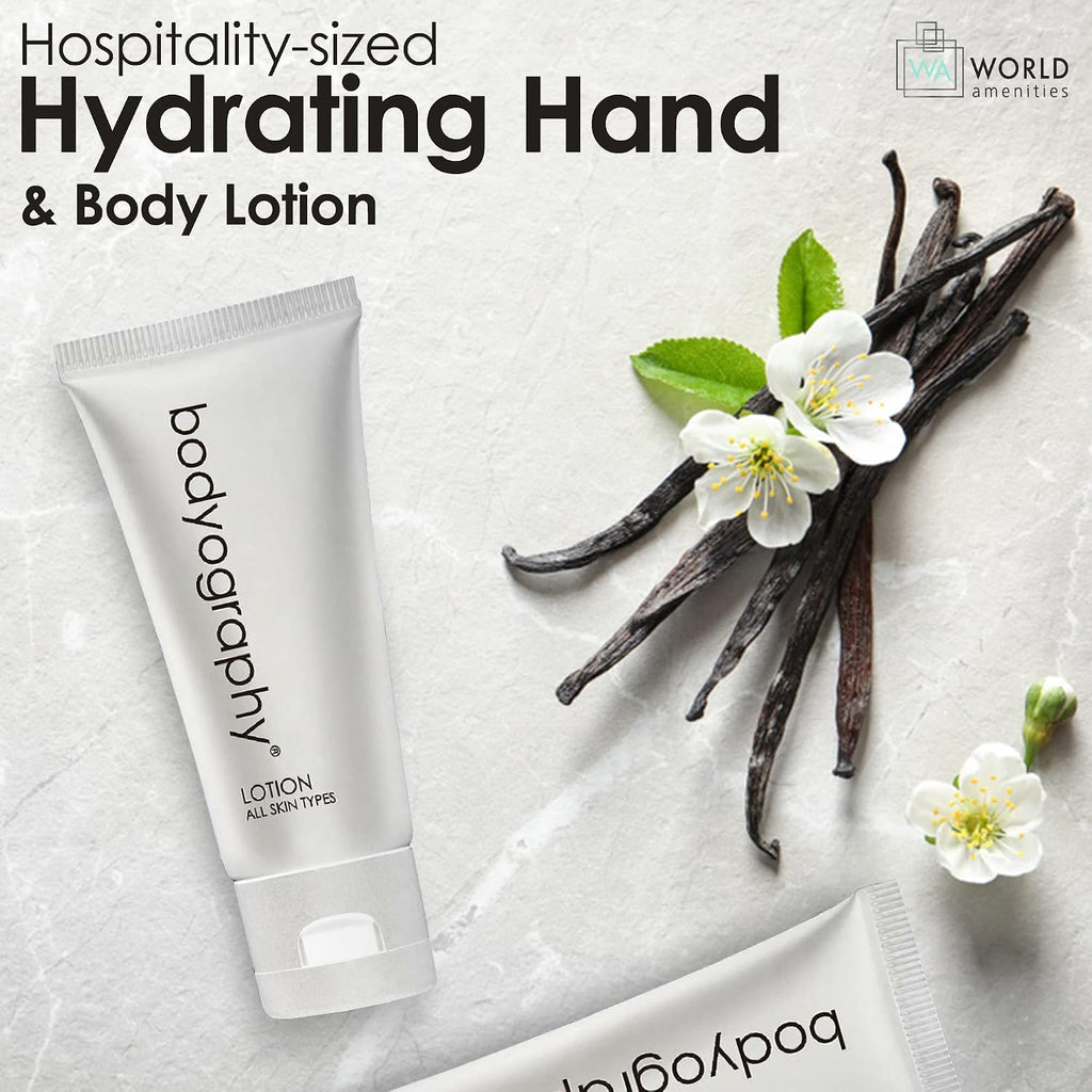 World Amenities - Bodyography blanc- Bulk Hand and Body Lotion | 300 Count | Vanilla White Tea, Mini Travel Size Toiletries (100% Recyclable Tube with Flip Top Cap) Hotel Amenities, for All Skin Types